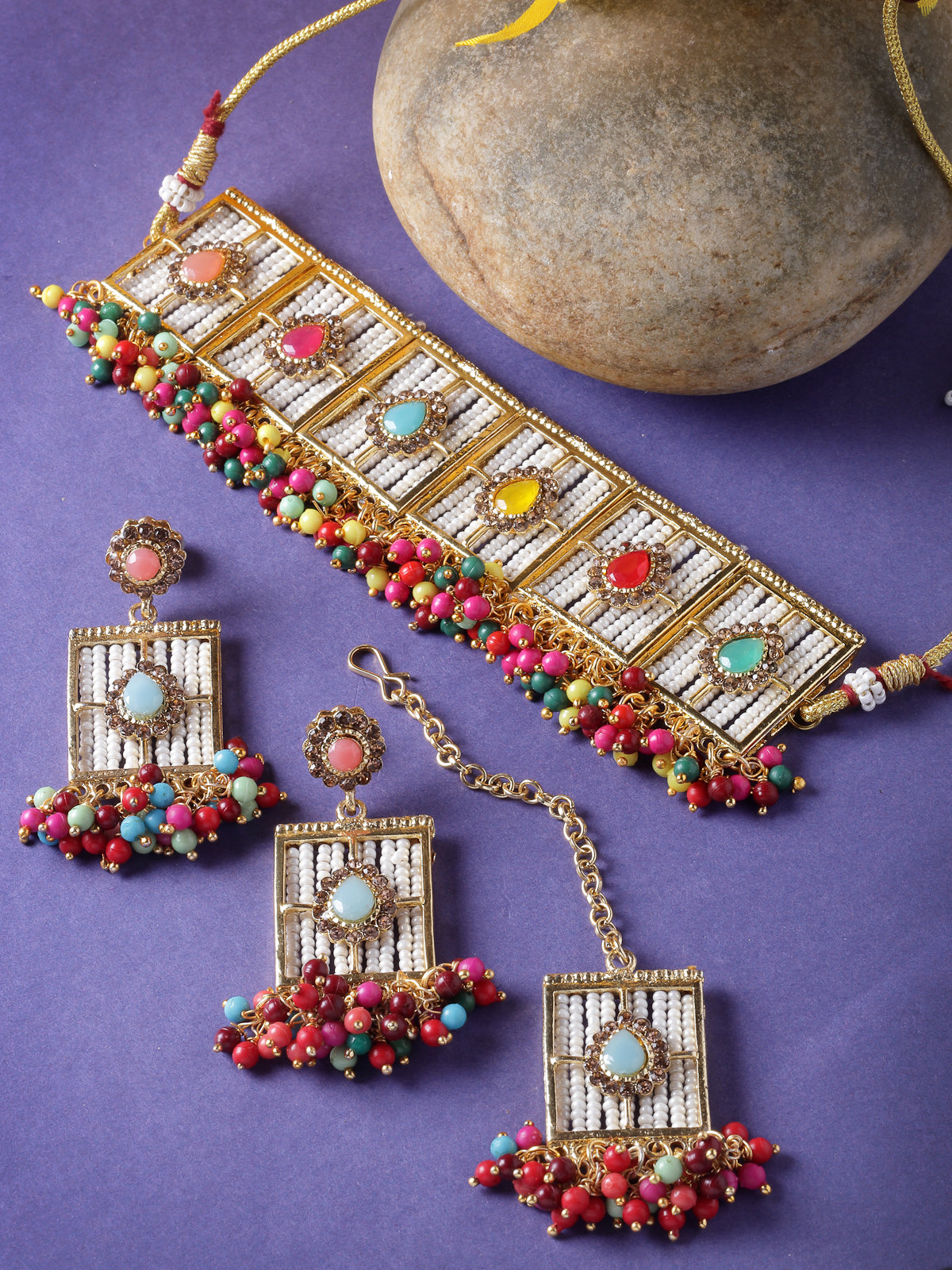 Sukkhi Beautiful Squared Shaped Multi Beads With Gold Plated Choker Necklace Set With Earring And Maangtika | Jewellery Set For Women (NS105542)