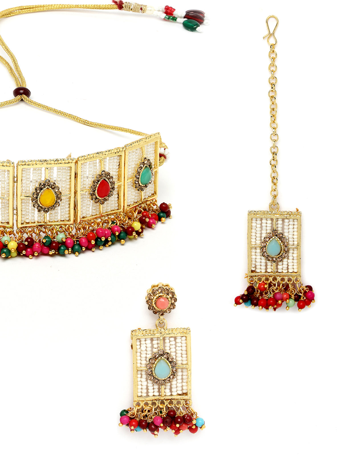 Sukkhi Beautiful Squared Shaped Multi Beads With Gold Plated Choker Necklace Set With Earring And Maangtika | Jewellery Set For Women (NS105542)