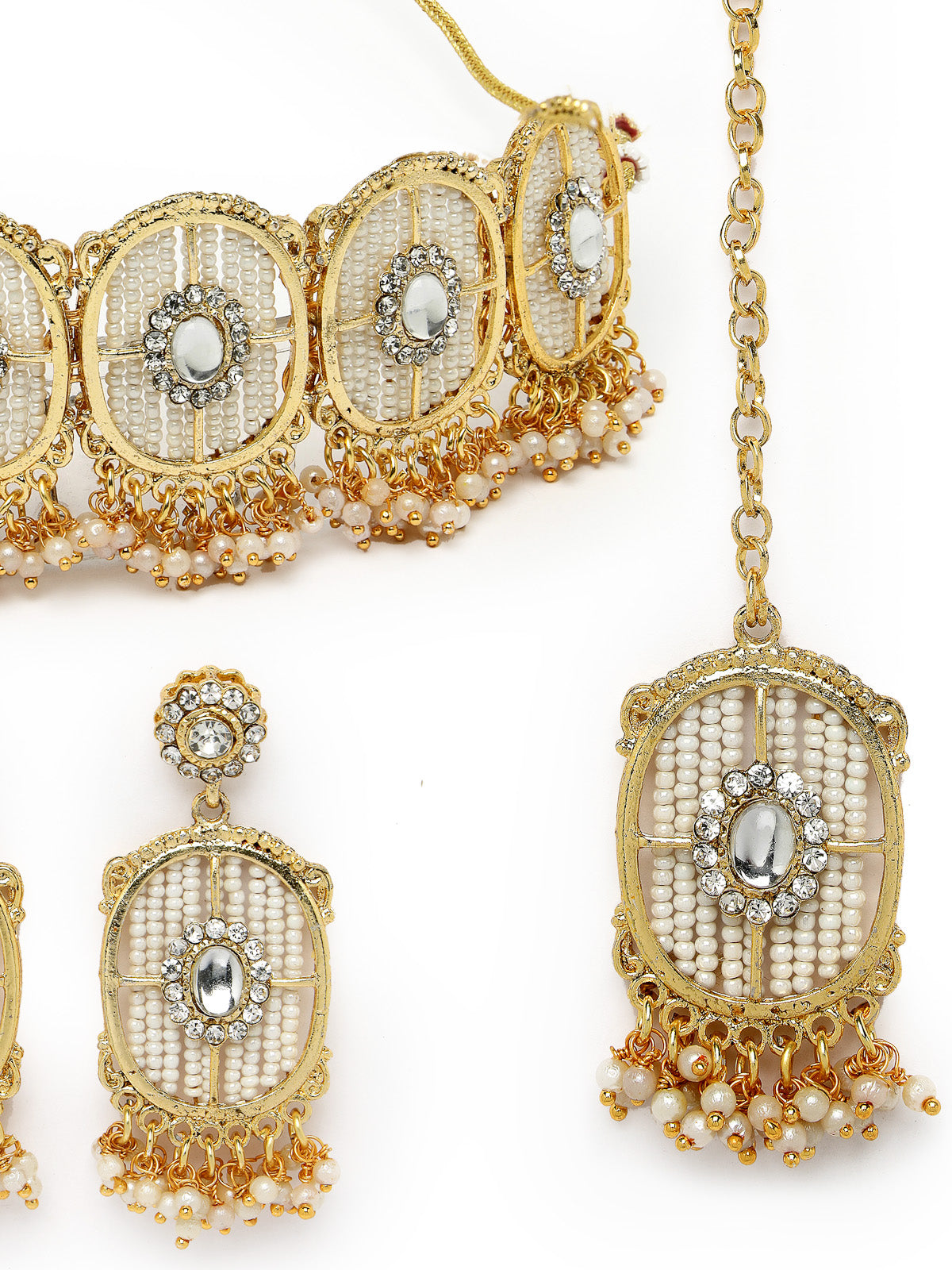 Sukkhi Charming Circular Gold Toned Plated White Beads Choker Necklace Set With Earring And Maangtika | Jewellery Set For Women (NS105545)