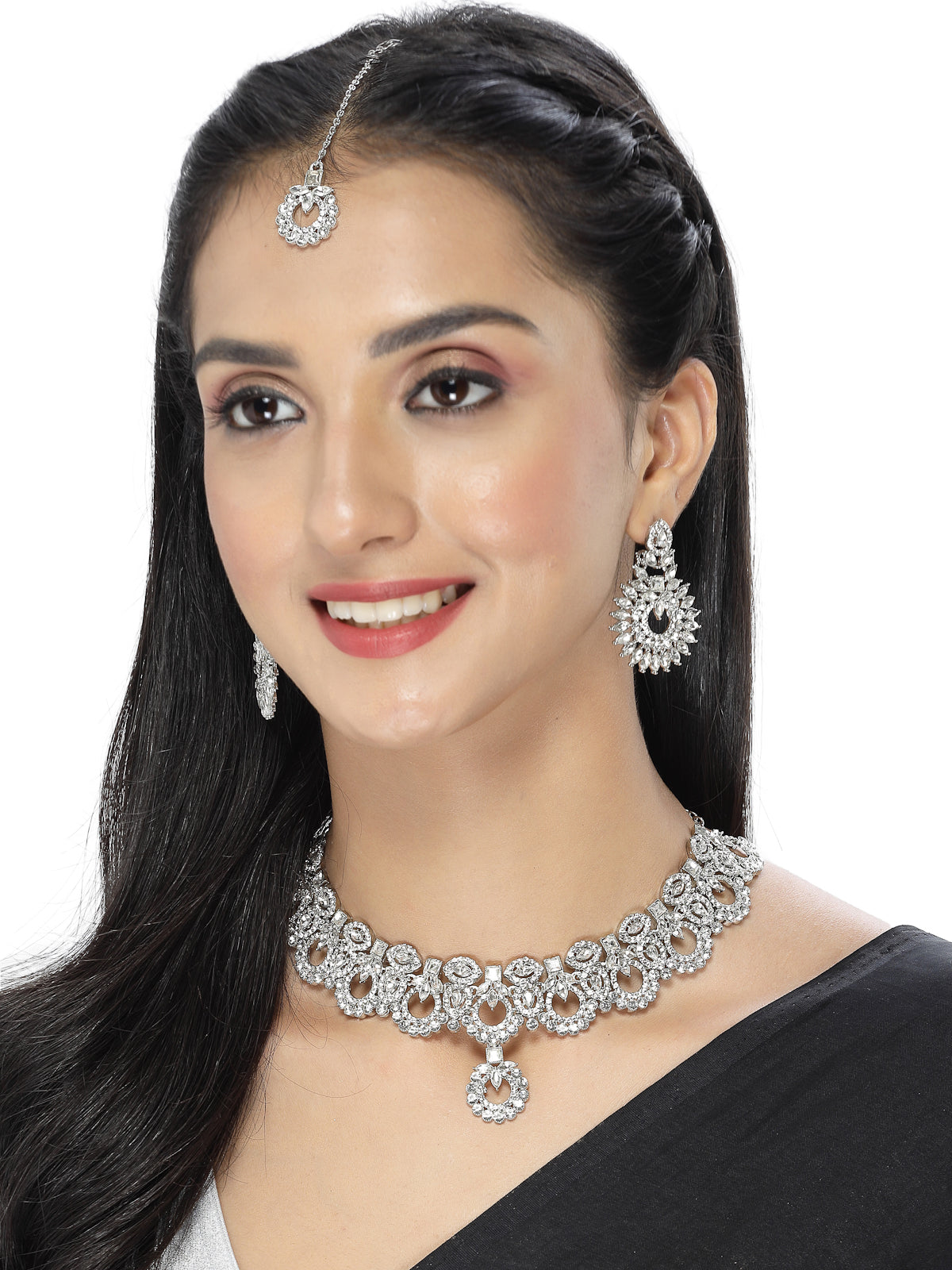 Sukkhi Soothing Rhodium Plated Silver AD White Stone Collar Bone Necklace Set With Earring And Maangtika | Jewellery Set For Women (NS105547)