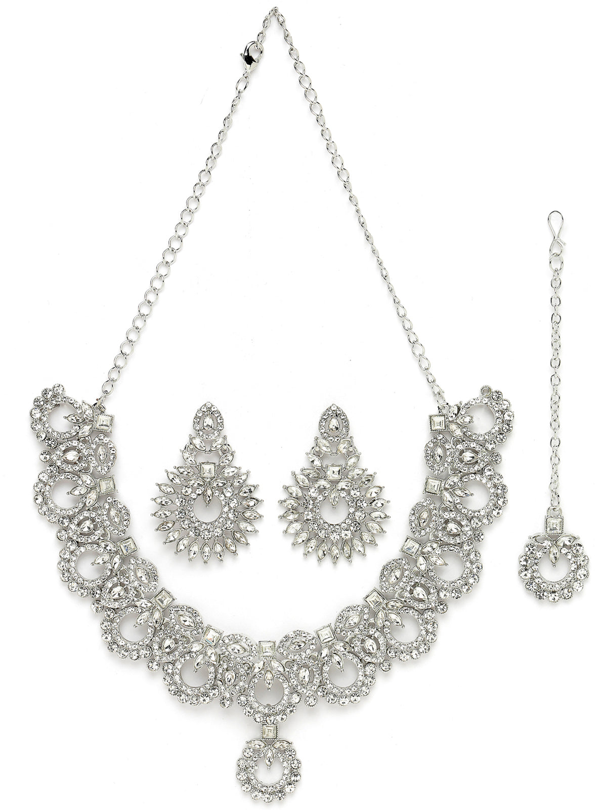 Sukkhi Soothing Rhodium Plated Silver AD White Stone Collar Bone Necklace Set With Earring And Maangtika | Jewellery Set For Women (NS105547)