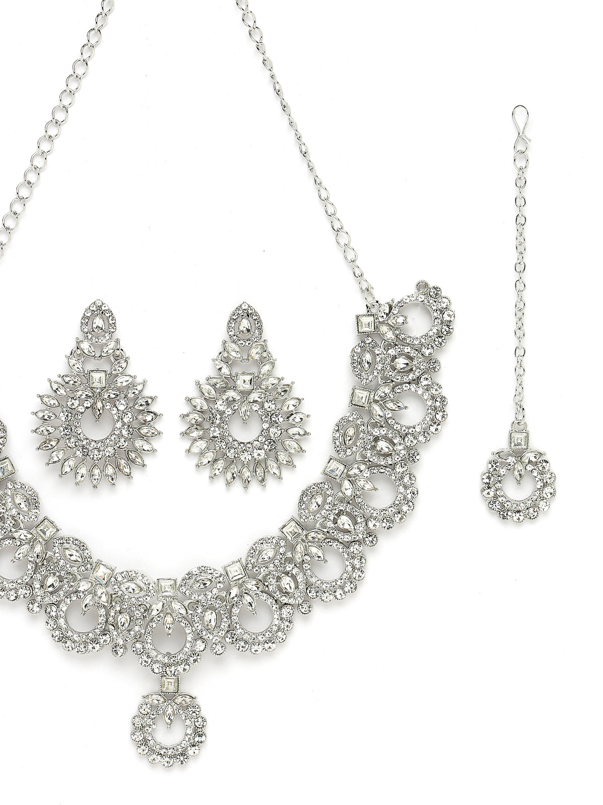 Sukkhi Soothing Rhodium Plated Silver AD White Stone Collar Bone Necklace Set With Earring And Maangtika | Jewellery Set For Women (NS105547)