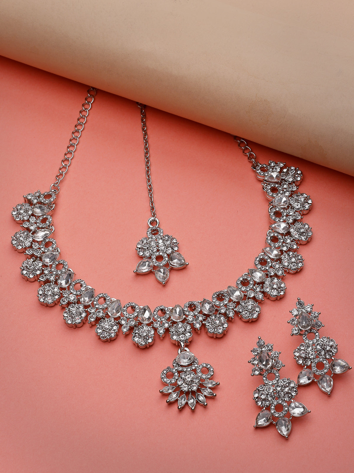 Sukkhi Sensational Rhodium Plated Silver AD White Stone Floral Collar Bone Necklace Set With Earring And Maangtika | Jewellery Set For Women (NS105548)