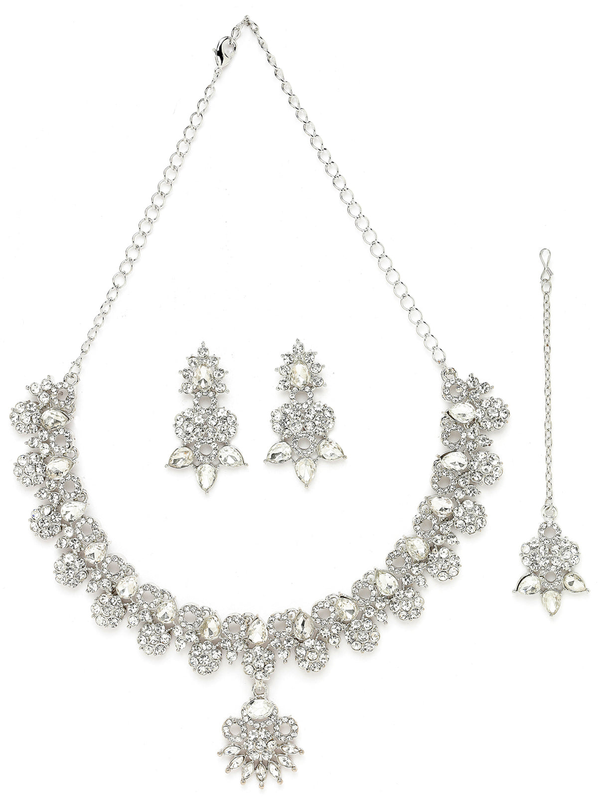 Sukkhi Sensational Rhodium Plated Silver AD White Stone Floral Collar Bone Necklace Set With Earring And Maangtika | Jewellery Set For Women (NS105548)