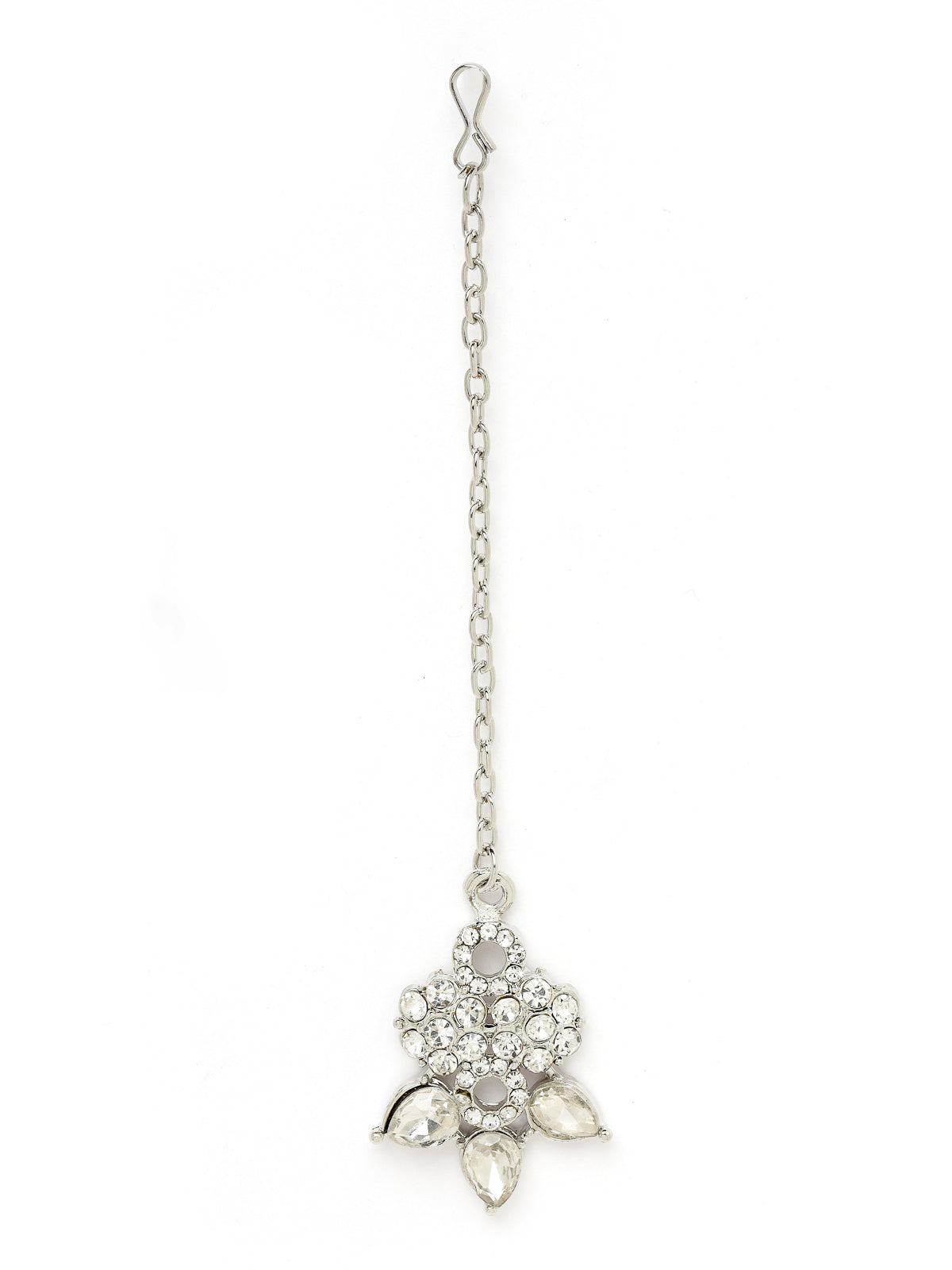 Sukkhi Sensational Rhodium Plated Silver AD White Stone Floral Collar Bone Necklace Set With Earring And Maangtika | Jewellery Set For Women (NS105548)