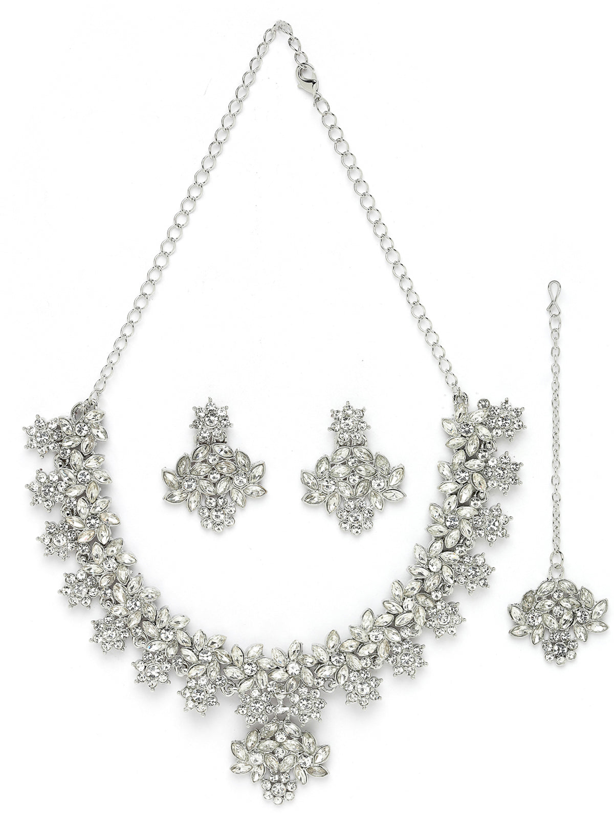 Sukkhi Smashing Rhodium Plated Silver AD White Stone Floral Collar Bone Necklace Set With Earring And Maangtika | Jewellery Set For Women (NS105549)