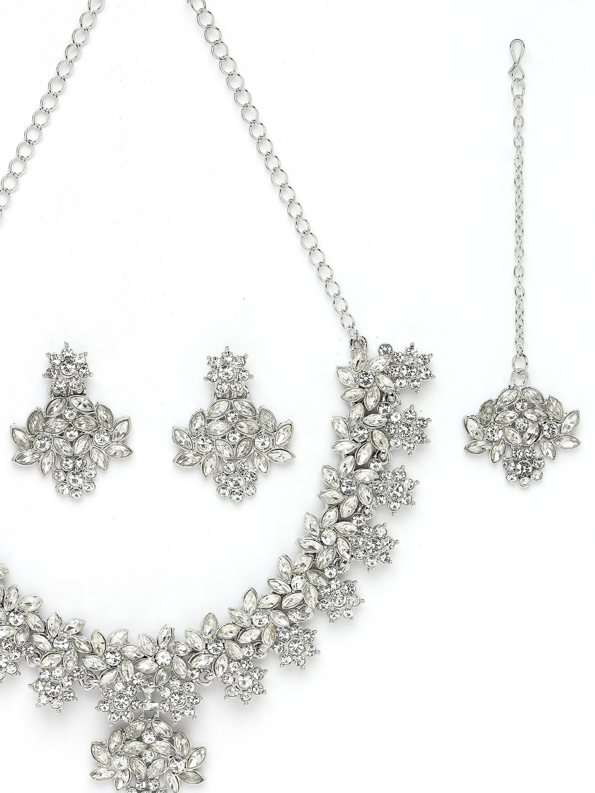 Sukkhi Smashing Rhodium Plated Silver AD White Stone Floral Collar Bone Necklace Set With Earring And Maangtika | Jewellery Set For Women (NS105549)