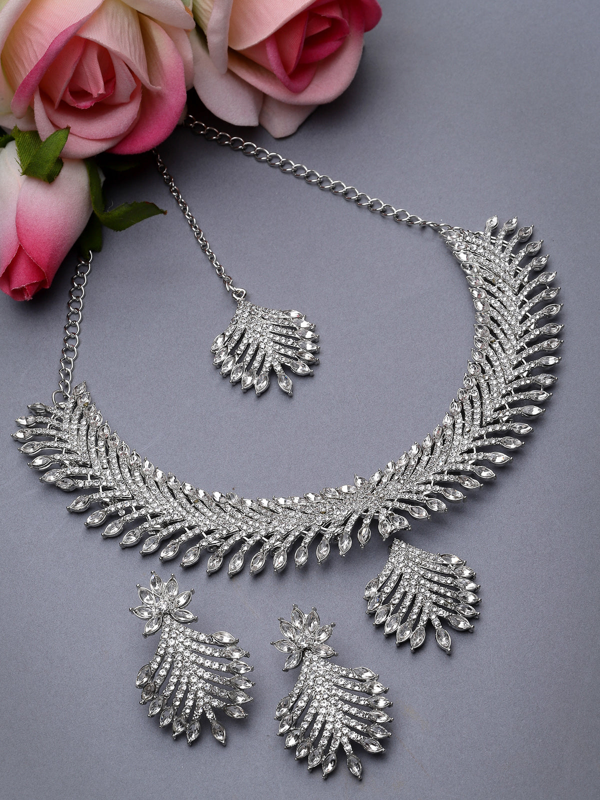Sukkhi Stylish Rhodium Plated Silver AD White Stone Collar Bone Necklace Set With Earring And Maangtika | Jewellery Set For Women (NS105550)