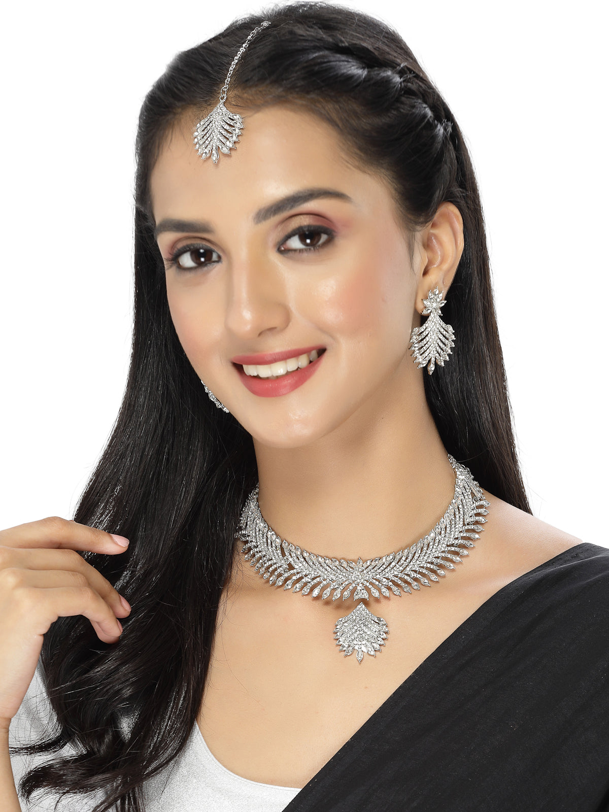 Sukkhi Stylish Rhodium Plated Silver AD White Stone Collar Bone Necklace Set With Earring And Maangtika | Jewellery Set For Women (NS105550)