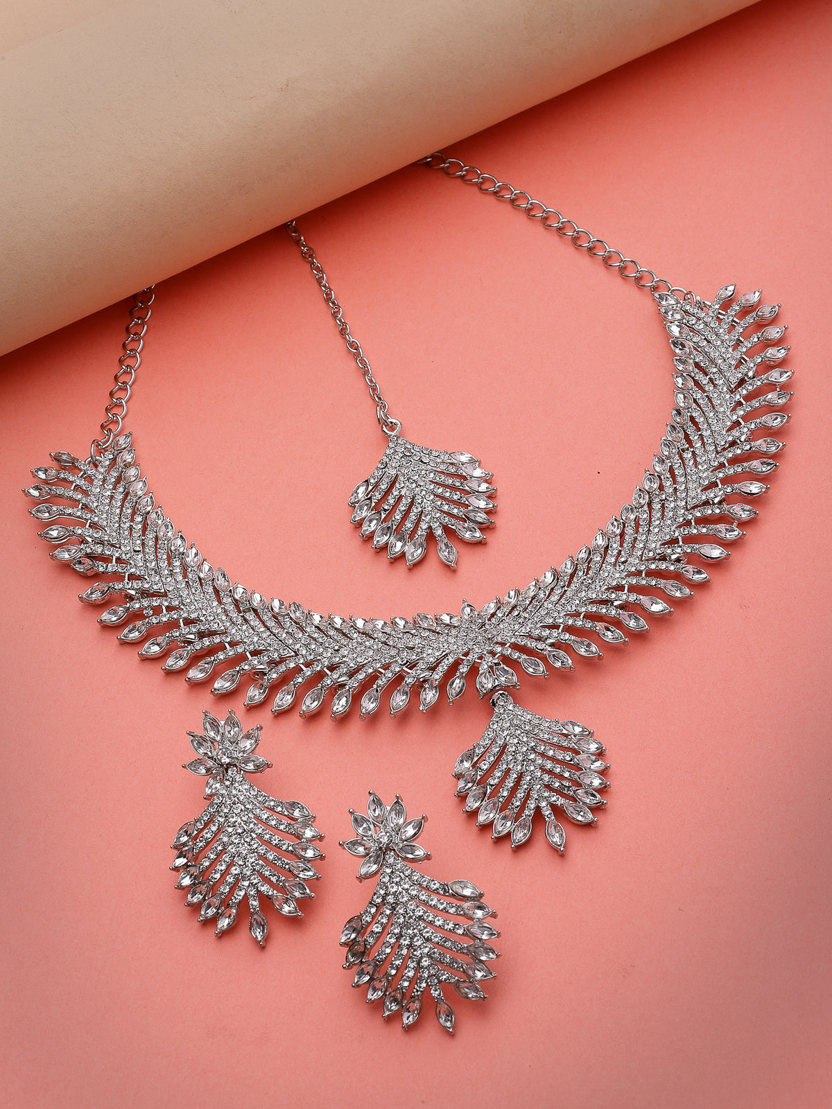 Sukkhi Stylish Rhodium Plated Silver AD White Stone Collar Bone Necklace Set With Earring And Maangtika | Jewellery Set For Women (NS105550)