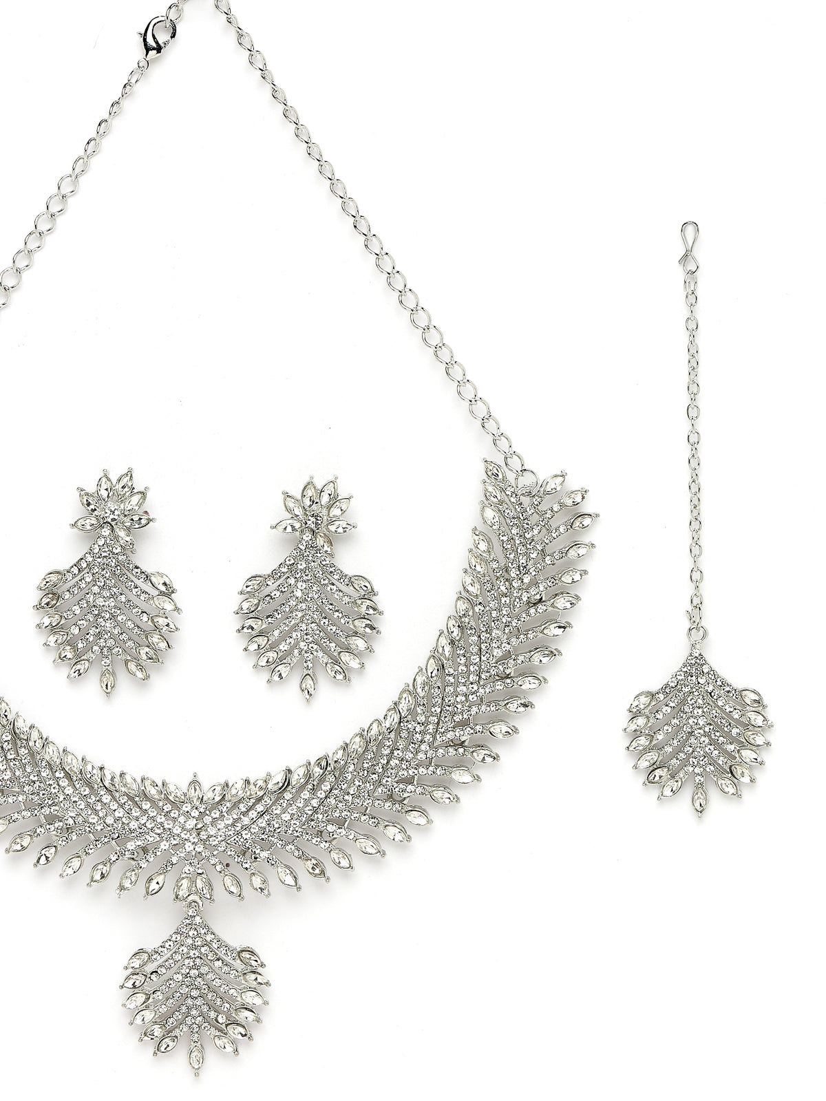 Sukkhi Stylish Rhodium Plated Silver AD White Stone Collar Bone Necklace Set With Earring And Maangtika | Jewellery Set For Women (NS105550)