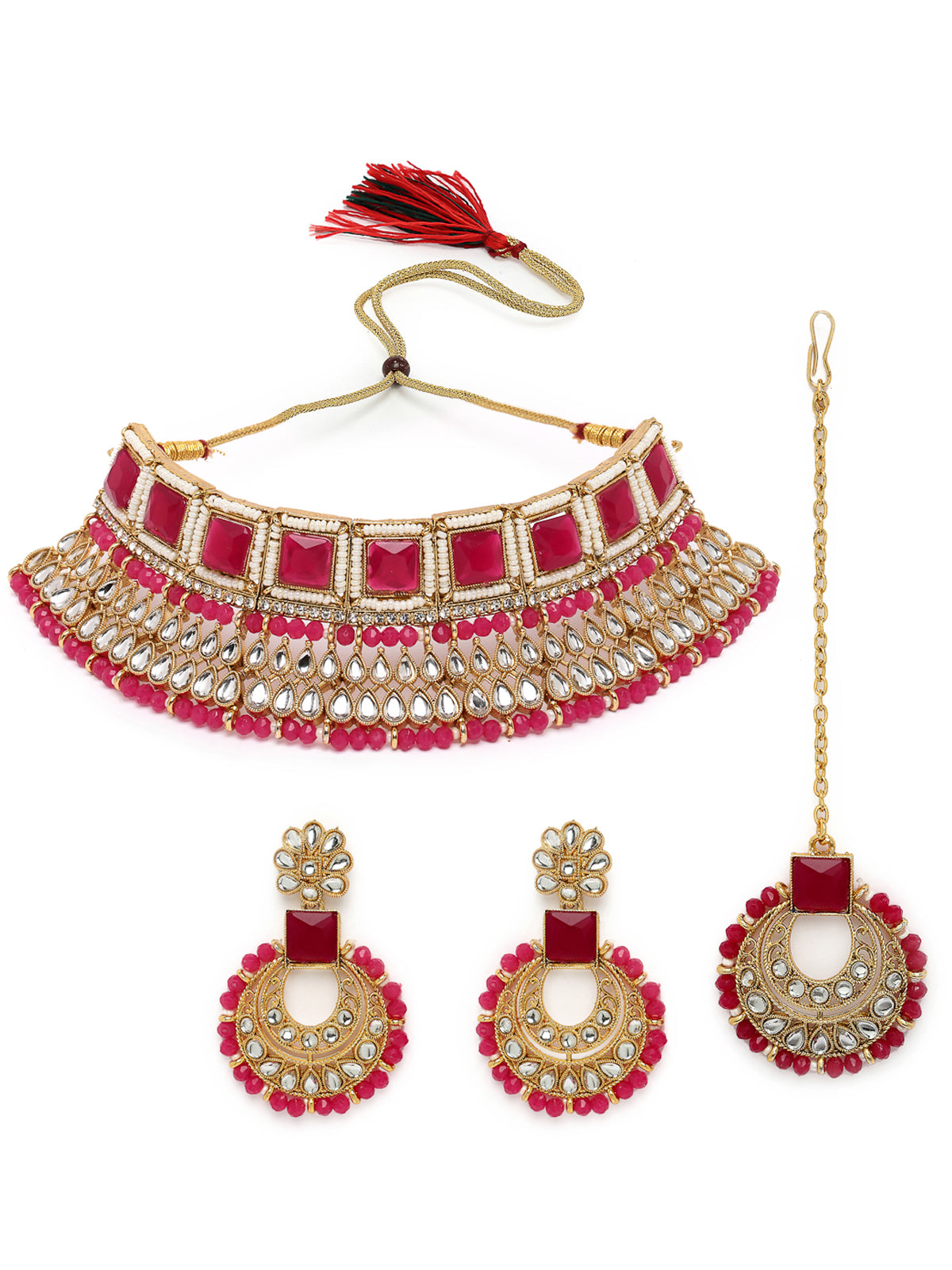 Sukkhi Classical Traditional Gold Plated Rani Pink Kundan & Beads Choker Necklace Set With Earring And Maangtika | Jewellery Set For Women (NS105551)