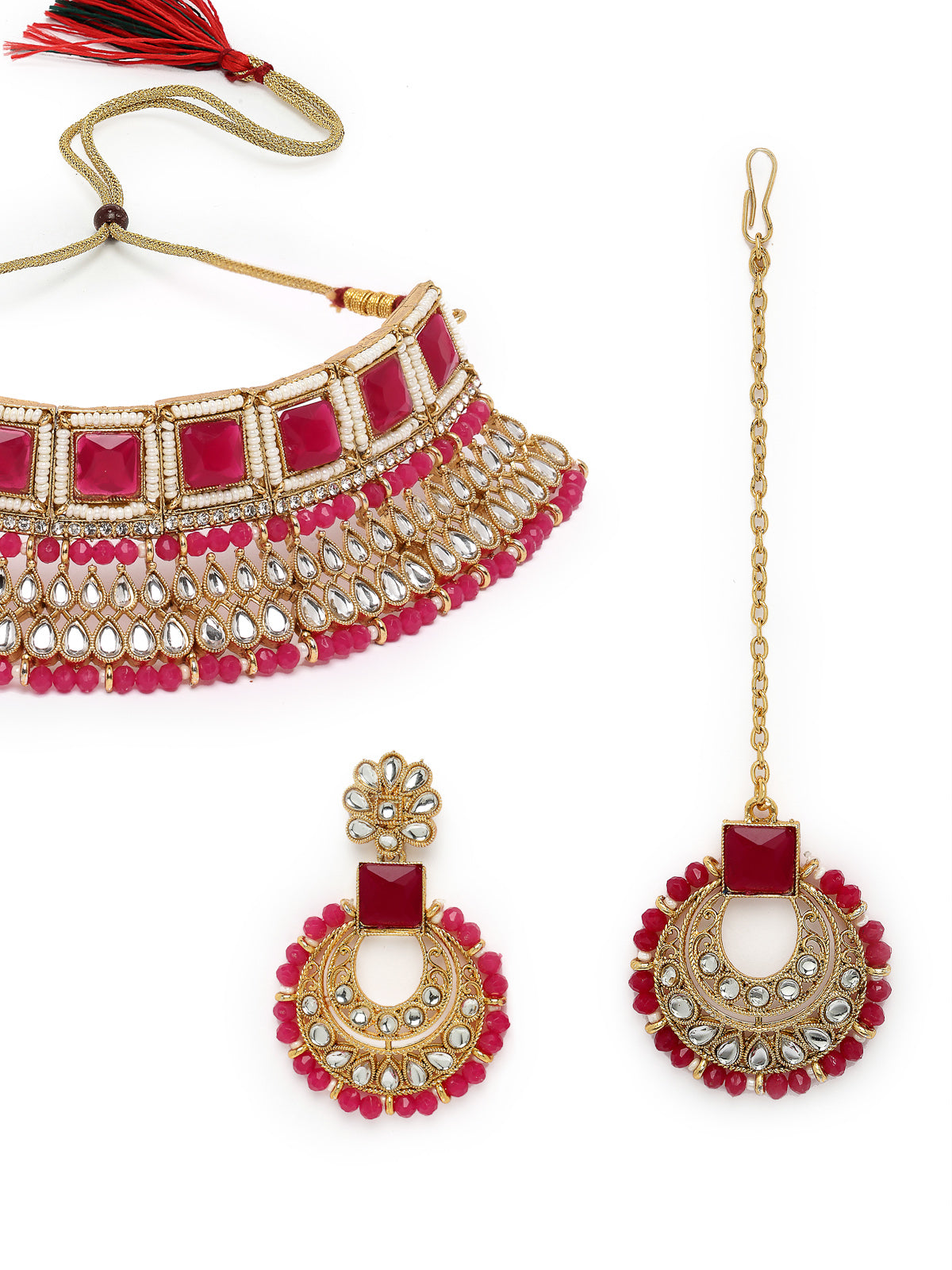 Sukkhi Classical Traditional Gold Plated Rani Pink Kundan & Beads Choker Necklace Set With Earring And Maangtika | Jewellery Set For Women (NS105551)