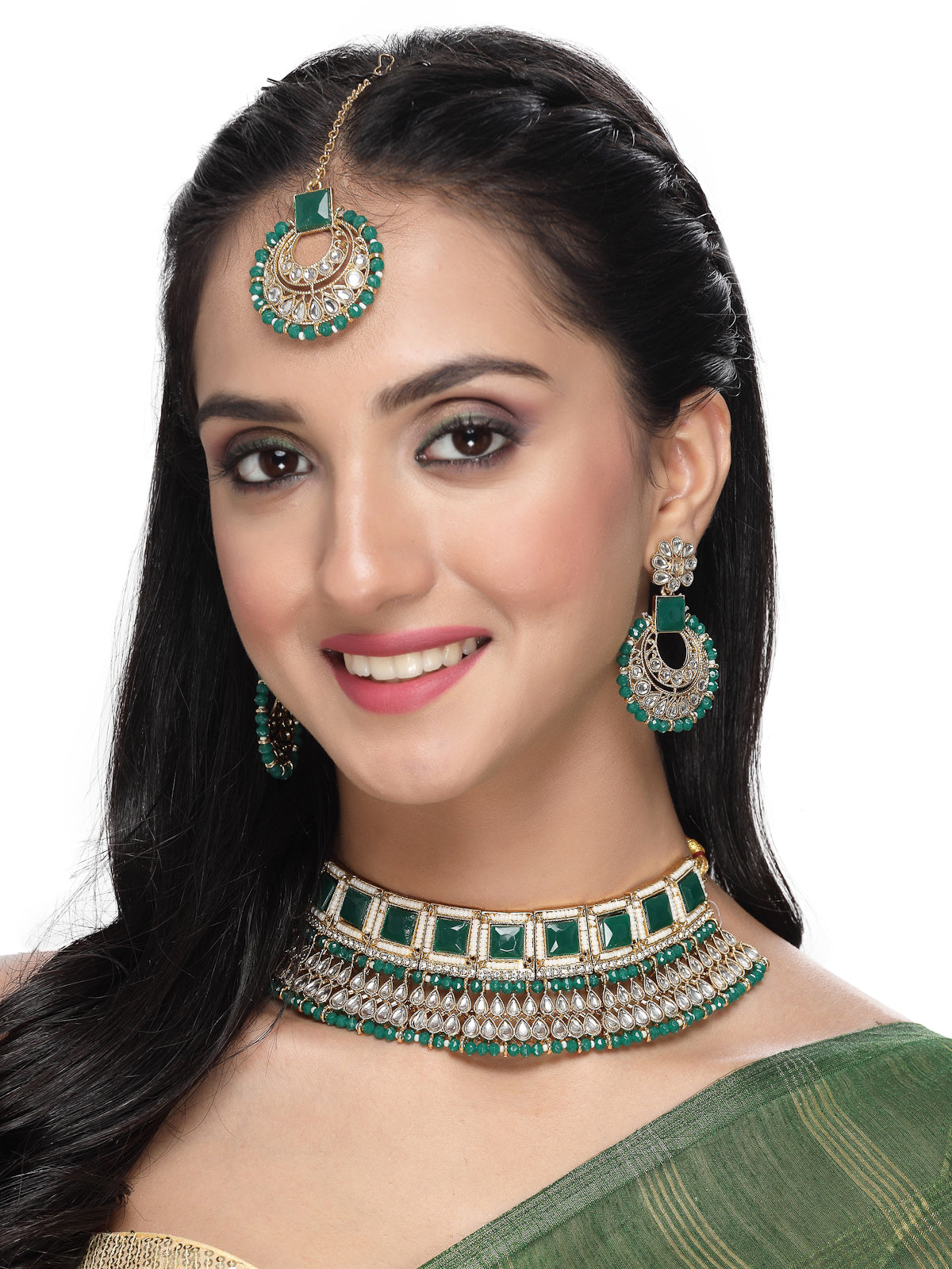 Sukkhi Classical Traditional Gold Plated Green Kundan & Beads Choker Necklace Set With Earring And Maangtika | Jewellery Set For Women (NS105552)