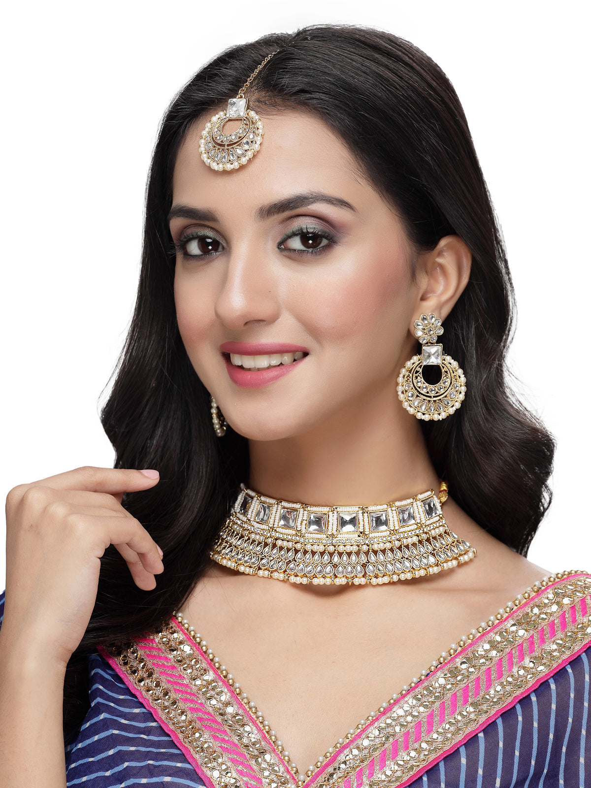 Sukkhi Classical Traditional Gold Plated White Kundan & Beads Choker Necklace Set With Earring And Maangtika | Jewellery Set For Women (NS105553)