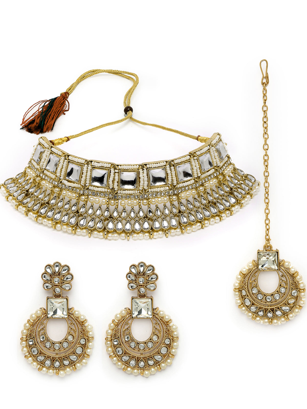 Sukkhi Classical Traditional Gold Plated White Kundan & Beads Choker Necklace Set With Earring And Maangtika | Jewellery Set For Women (NS105553)