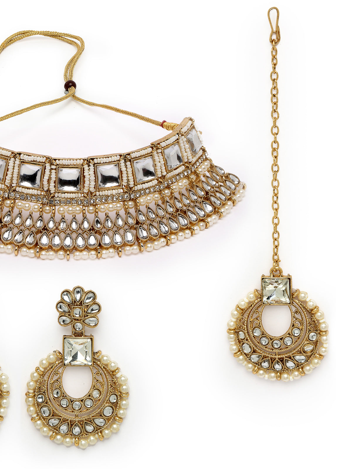 Sukkhi Classical Traditional Gold Plated White Kundan & Beads Choker Necklace Set With Earring And Maangtika | Jewellery Set For Women (NS105553)