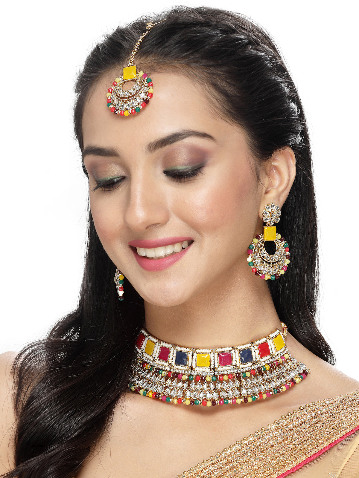 Sukkhi Classical Traditional Gold Plated Multicolor Kundan & Beads Choker Necklace Set With Earring And Maangtika | Jewellery Set For Women (NS105554)