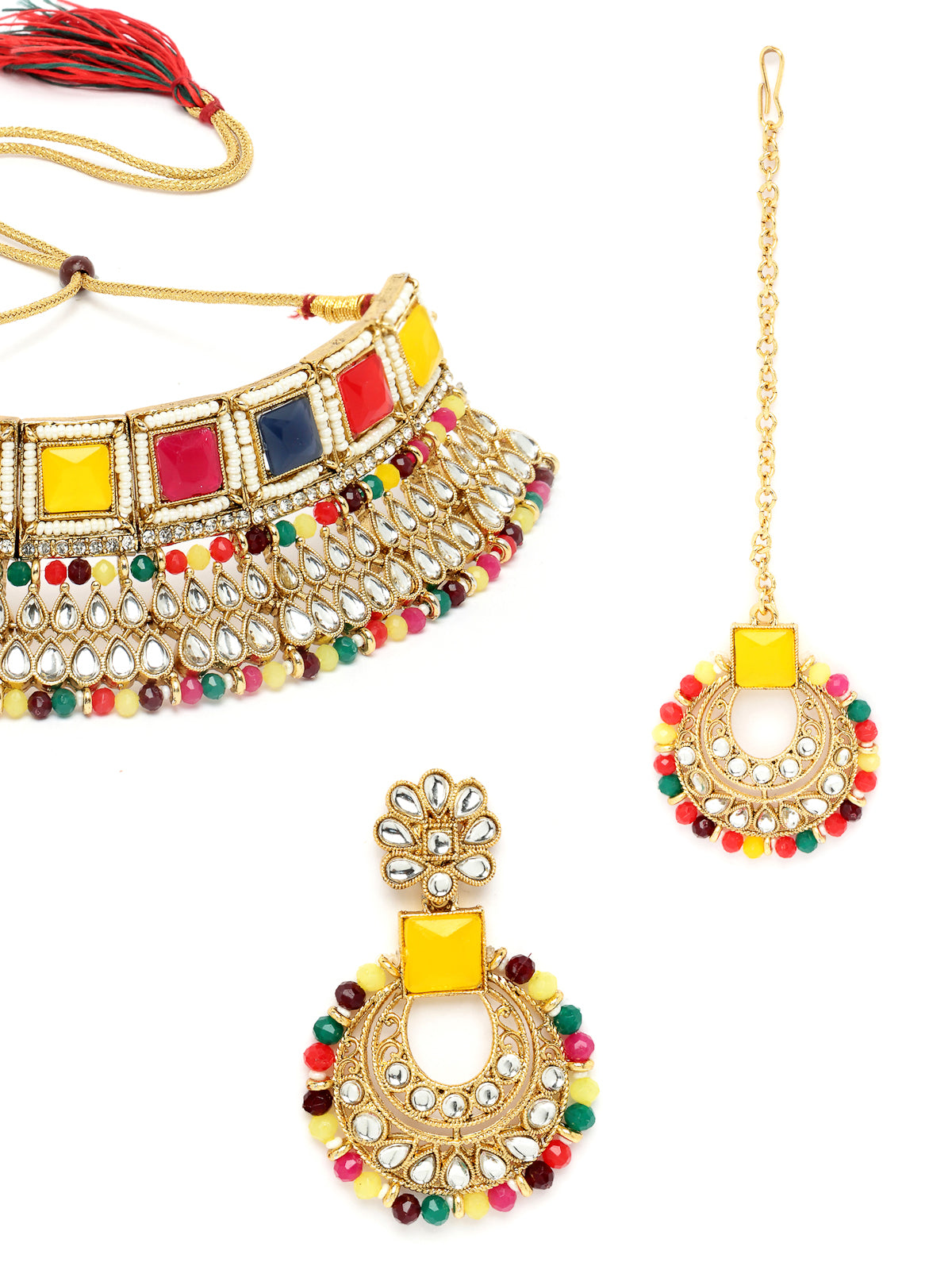 Sukkhi Classical Traditional Gold Plated Multicolor Kundan & Beads Choker Necklace Set With Earring And Maangtika | Jewellery Set For Women (NS105554)