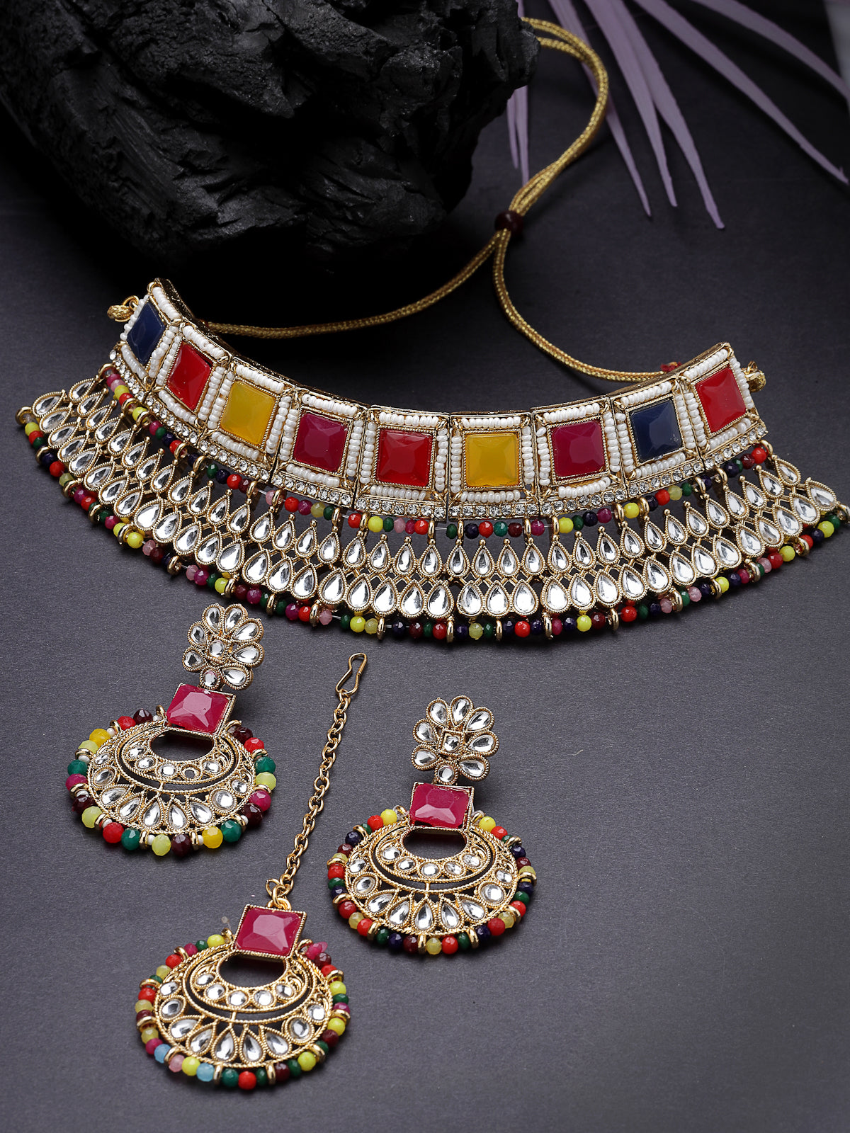 Sukkhi Ethnic Traditional Gold Plated Multicolor Kundan & Beads Choker Necklace Set With Earring And Maangtika | Jewellery Set For Women (NS105555)