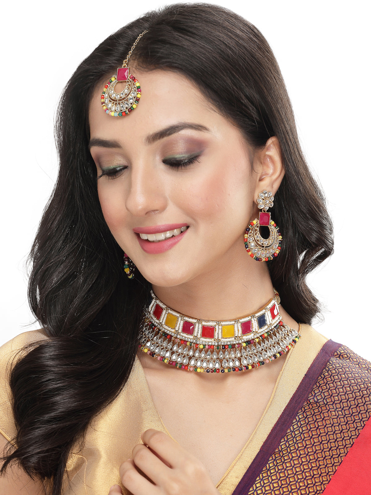 Sukkhi Ethnic Traditional Gold Plated Multicolor Kundan & Beads Choker Necklace Set With Earring And Maangtika | Jewellery Set For Women (NS105555)