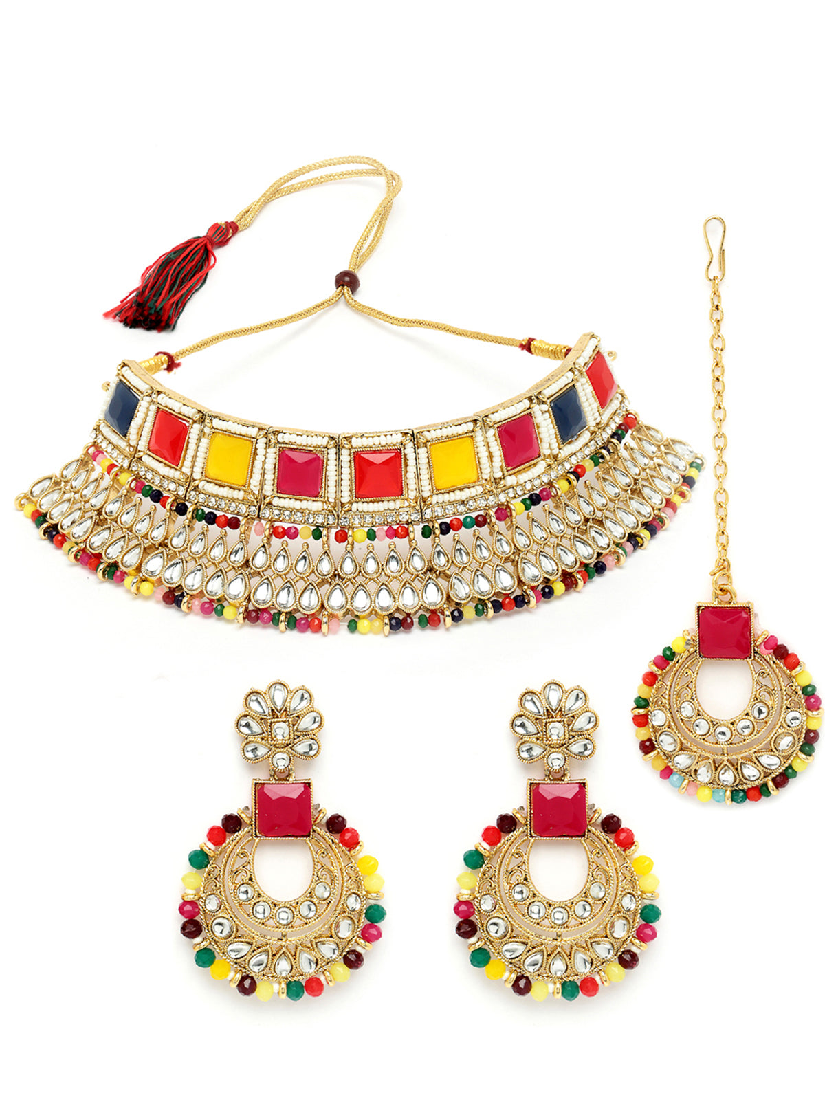 Sukkhi Ethnic Traditional Gold Plated Multicolor Kundan & Beads Choker Necklace Set With Earring And Maangtika | Jewellery Set For Women (NS105555)