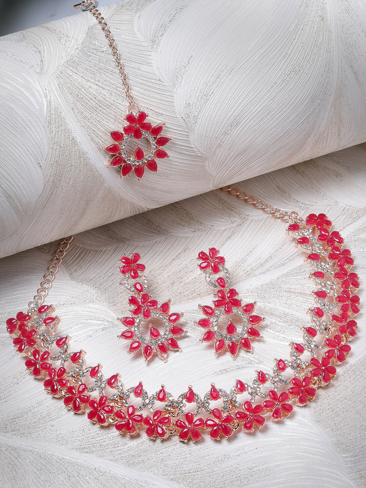 Sukkhi Admirable Fashionable Rani Pink AD Stones Collar Bone Necklace Set With Earring And Maangtika | Jewellery Set For Women (NS105556)