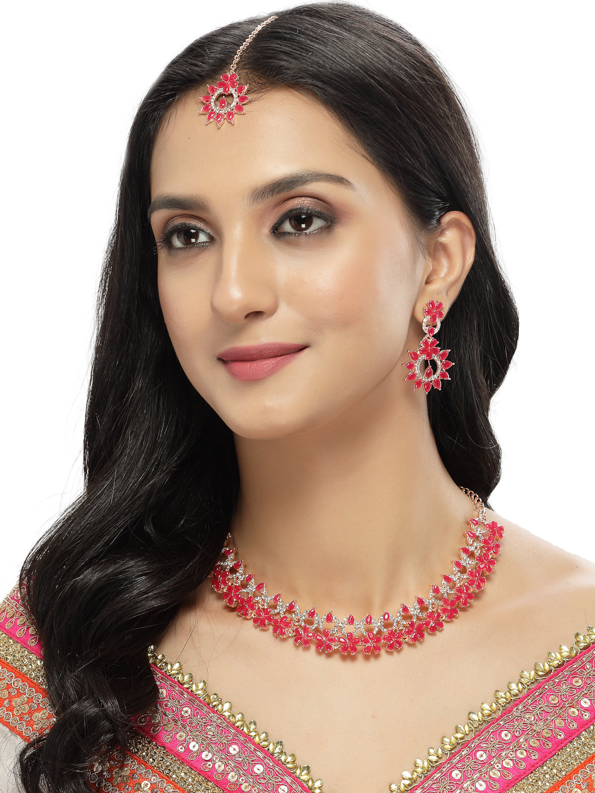 Sukkhi Admirable Fashionable Rani Pink AD Stones Collar Bone Necklace Set With Earring And Maangtika | Jewellery Set For Women (NS105556)