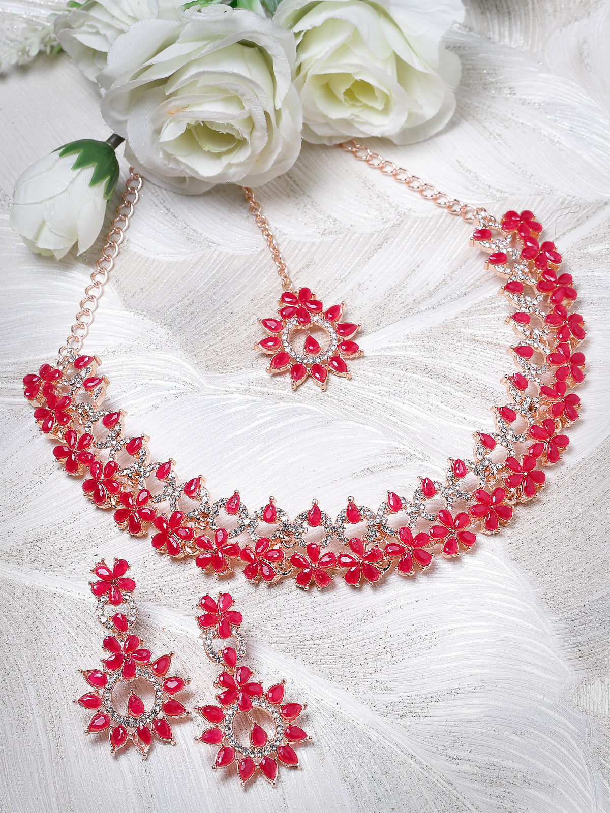 Sukkhi Admirable Fashionable Rani Pink AD Stones Collar Bone Necklace Set With Earring And Maangtika | Jewellery Set For Women (NS105556)