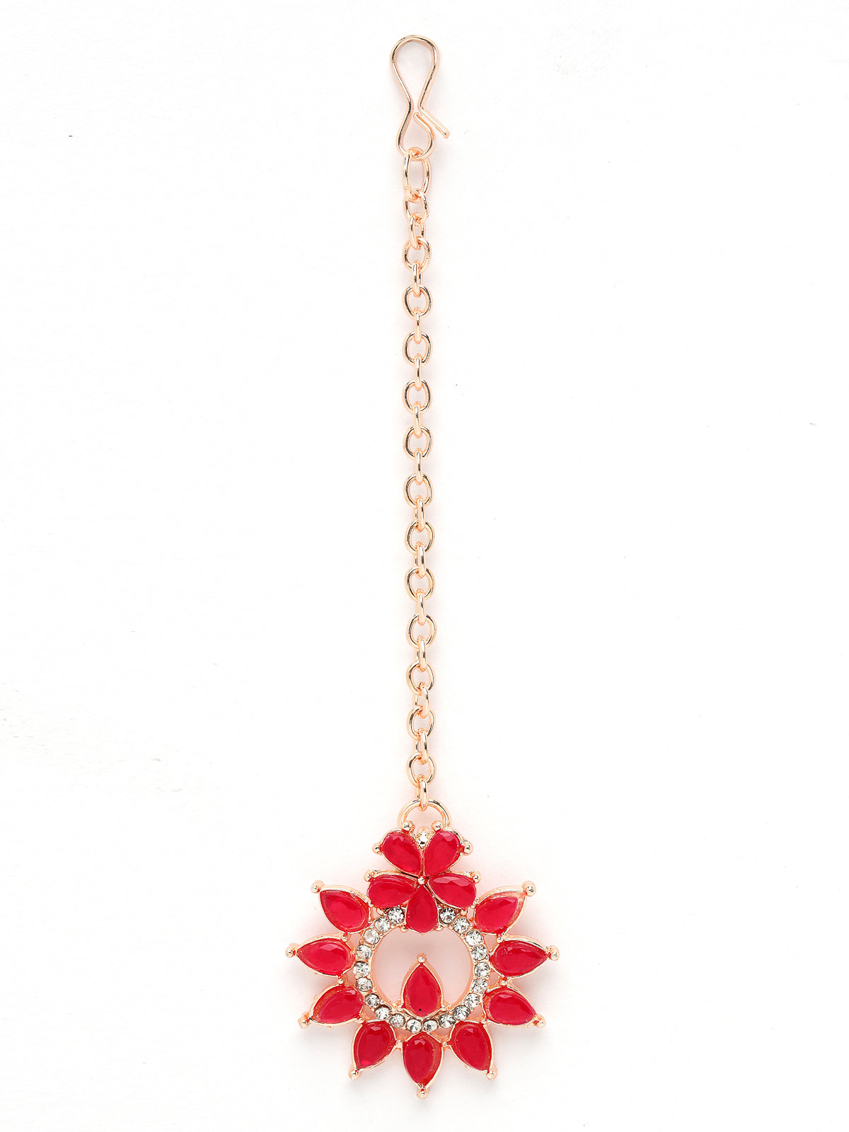 Sukkhi Admirable Fashionable Rani Pink AD Stones Collar Bone Necklace Set With Earring And Maangtika | Jewellery Set For Women (NS105556)