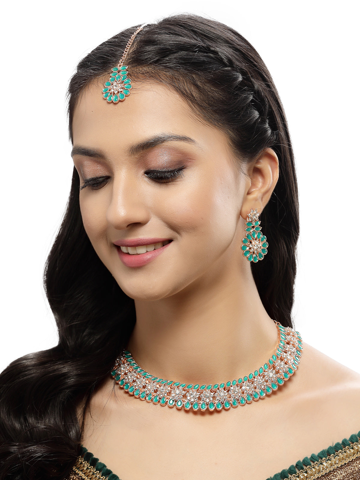 Sukkhi Admirable Fashionable AD Green Stones Collar Bone Necklace Set With Earring And Maangtika | Jewellery Set For Women (NS105557)