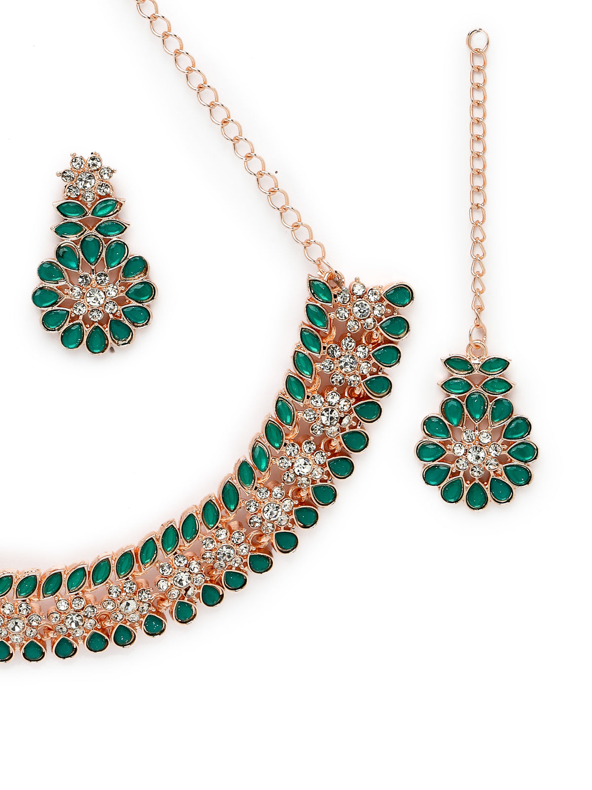 Sukkhi Admirable Fashionable AD Green Stones Collar Bone Necklace Set With Earring And Maangtika | Jewellery Set For Women (NS105557)