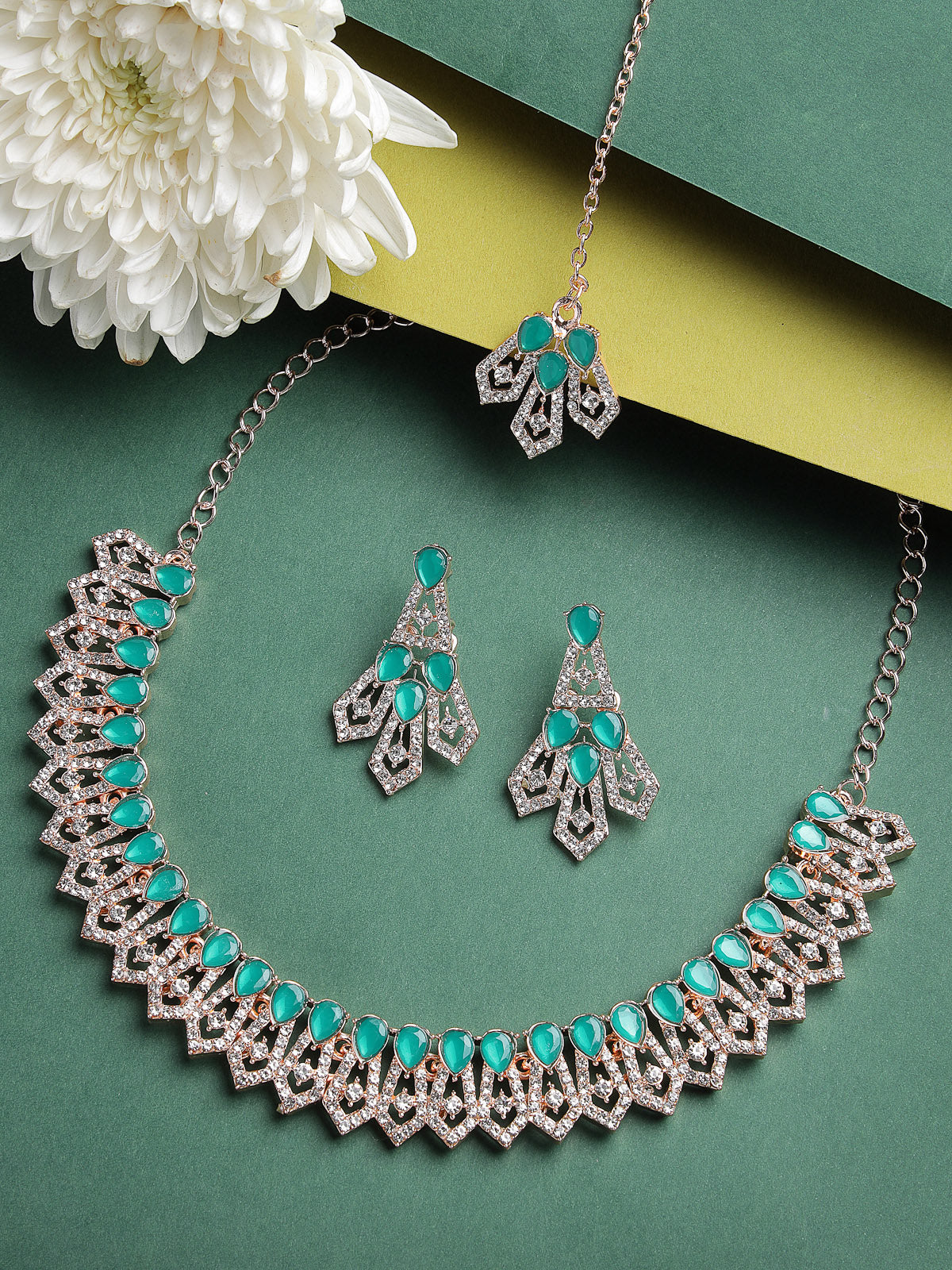 Sukkhi Fashionable AD Green Stones Collar Bone Necklace Set With Earring And Maangtika | Jewellery Set For Women (NS105558)