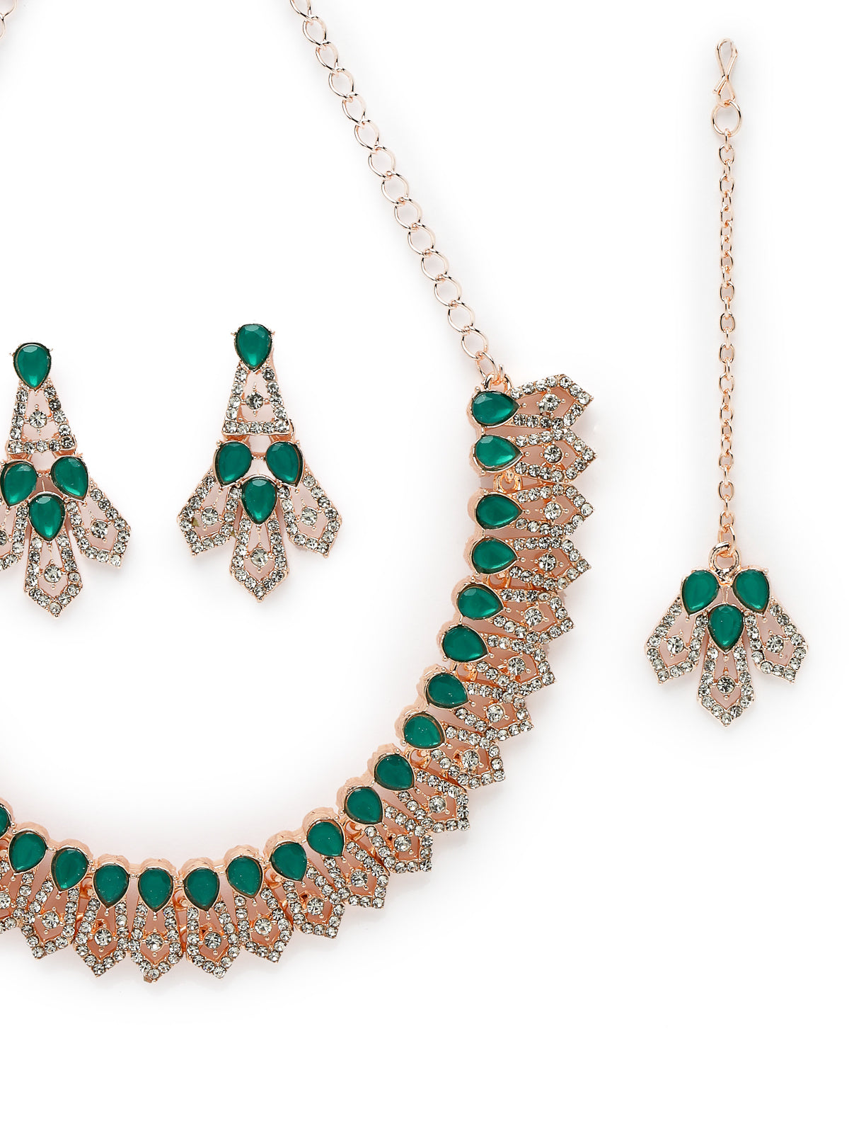 Sukkhi Fashionable AD Green Stones Collar Bone Necklace Set With Earring And Maangtika | Jewellery Set For Women (NS105558)