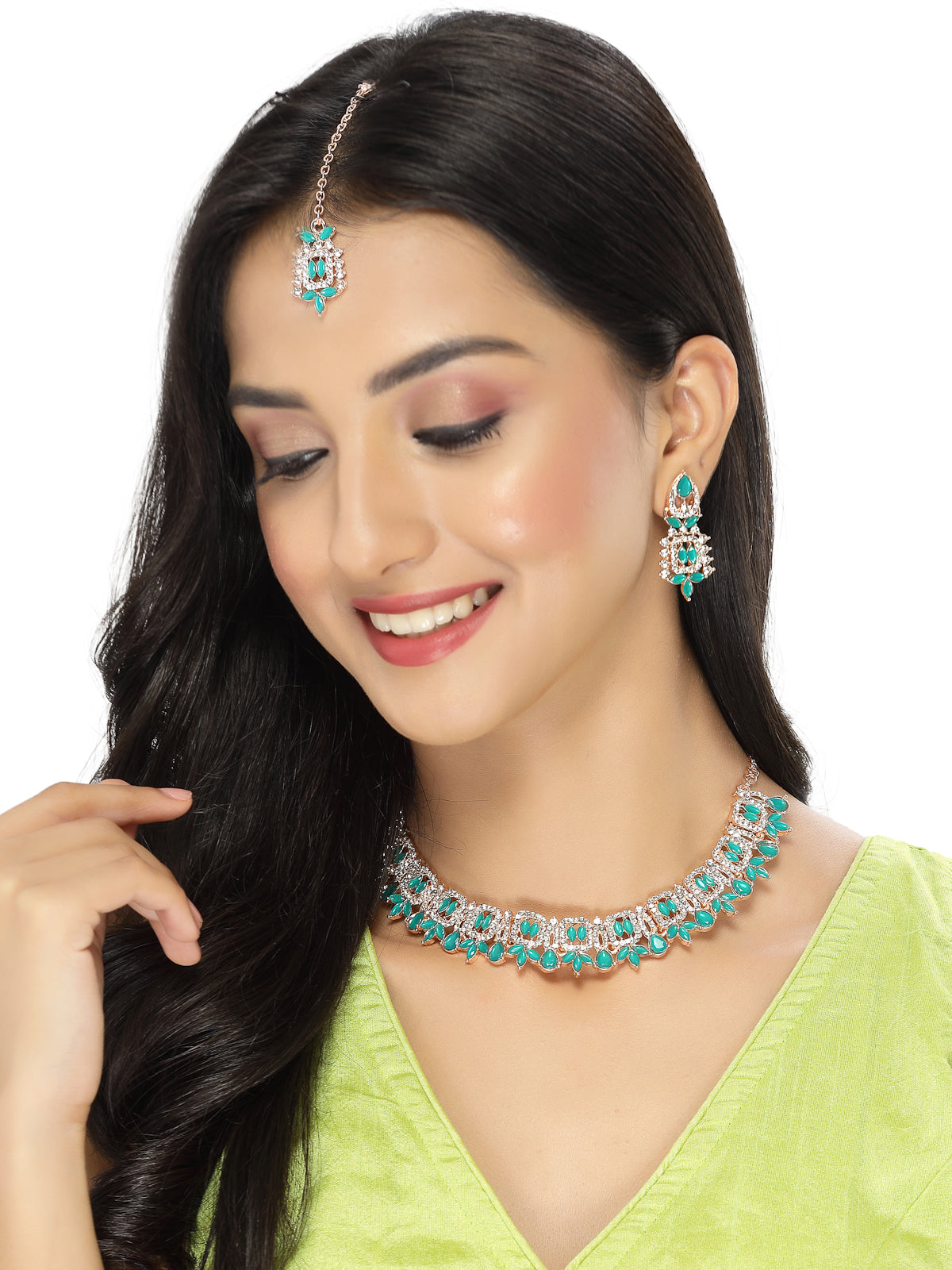 Sukkhi Admirable Fashionable AD Sea-Green Stones Collar Bone Necklace Set With Earring And Maangtika | Jewellery Set For Women (NS105559)