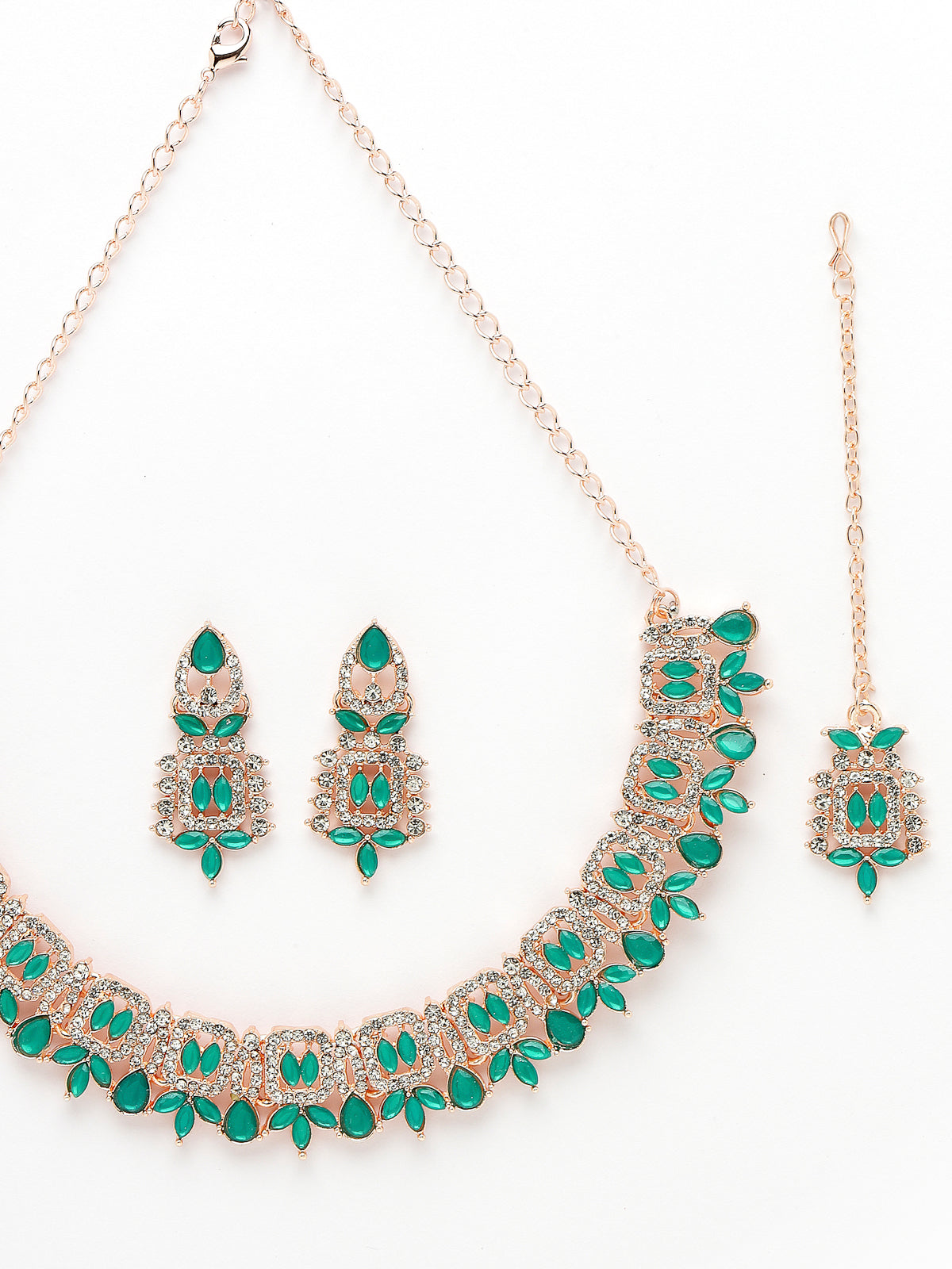 Sukkhi Admirable Fashionable AD Sea-Green Stones Collar Bone Necklace Set With Earring And Maangtika | Jewellery Set For Women (NS105559)