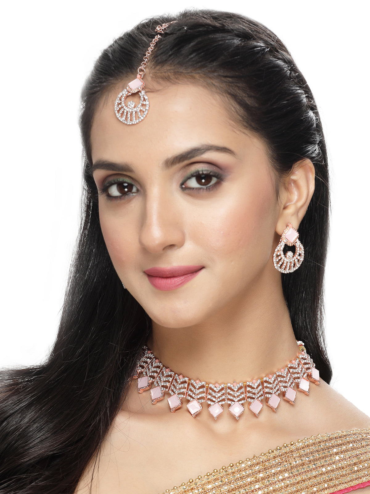 Sukkhi Seaside Gold Plated Pink AD Stones & Beads Choker Necklace Set With Earring And Maangtika | Jewellery Set For Women (NS105560)