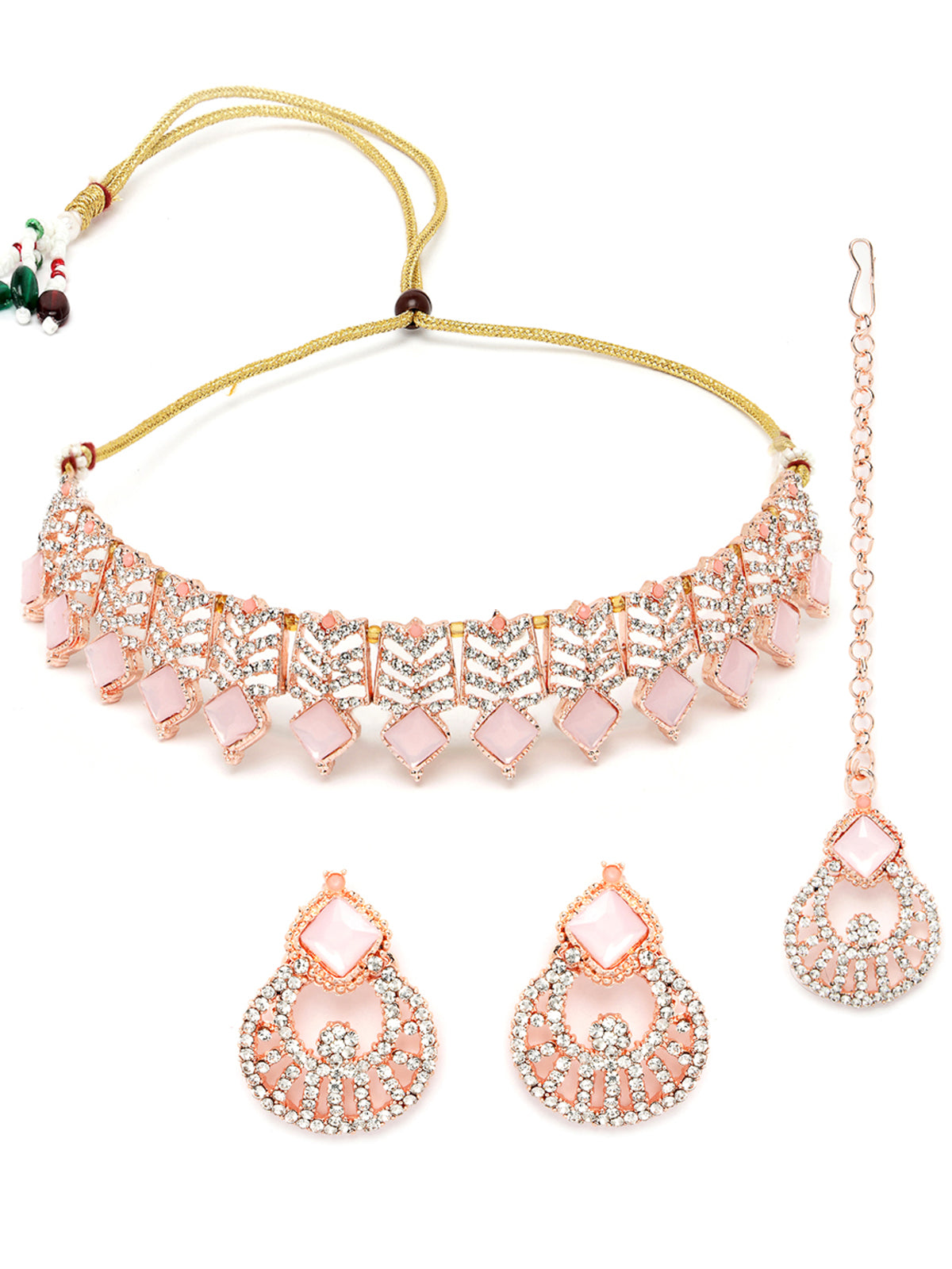 Sukkhi Seaside Gold Plated Pink AD Stones & Beads Choker Necklace Set With Earring And Maangtika | Jewellery Set For Women (NS105560)