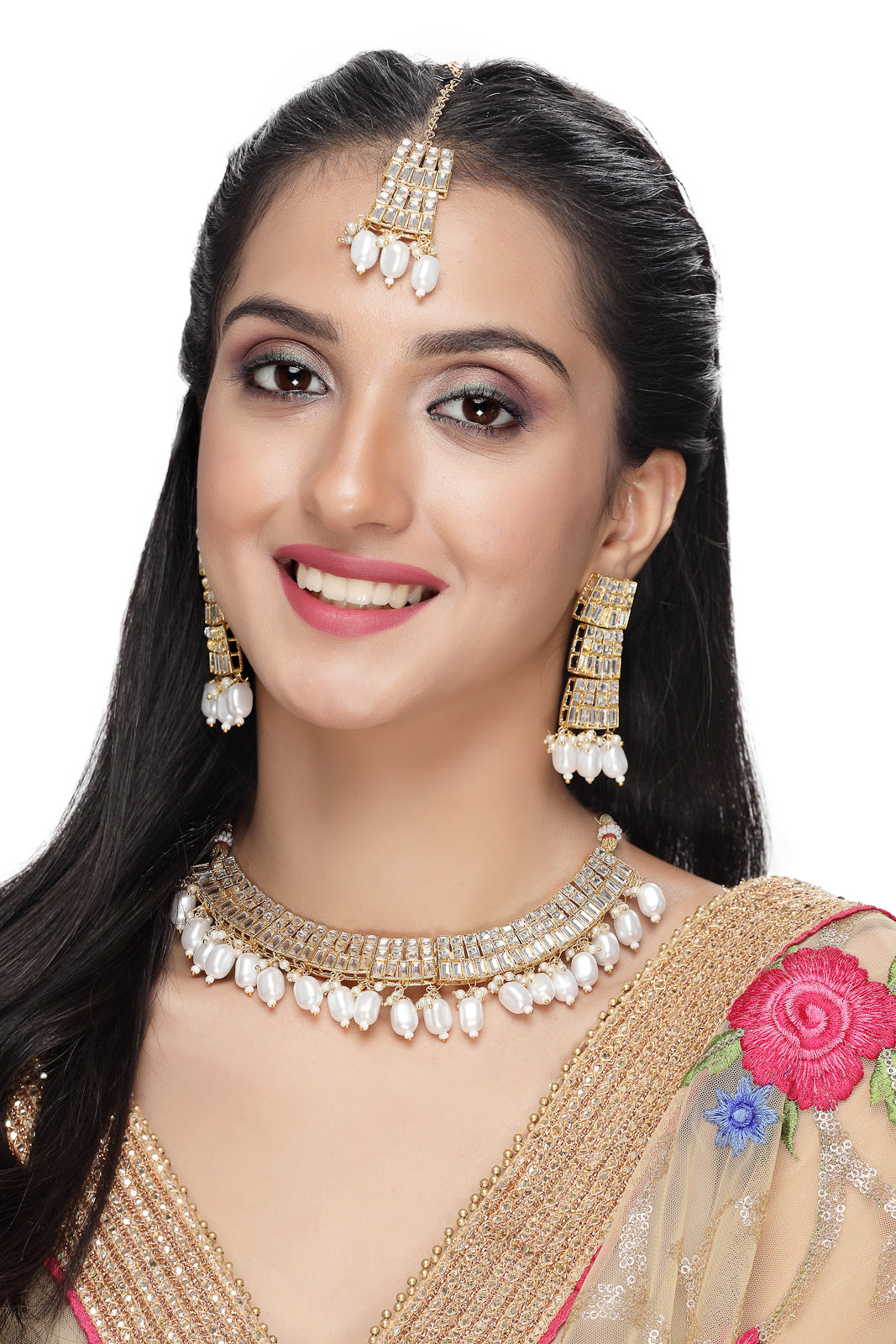 Sukkhi Beautiful Gold Plated AD White & Beads Collar Bone Necklace Set With Earring And Maangtika | Jewellery Set For Women (NS105561)