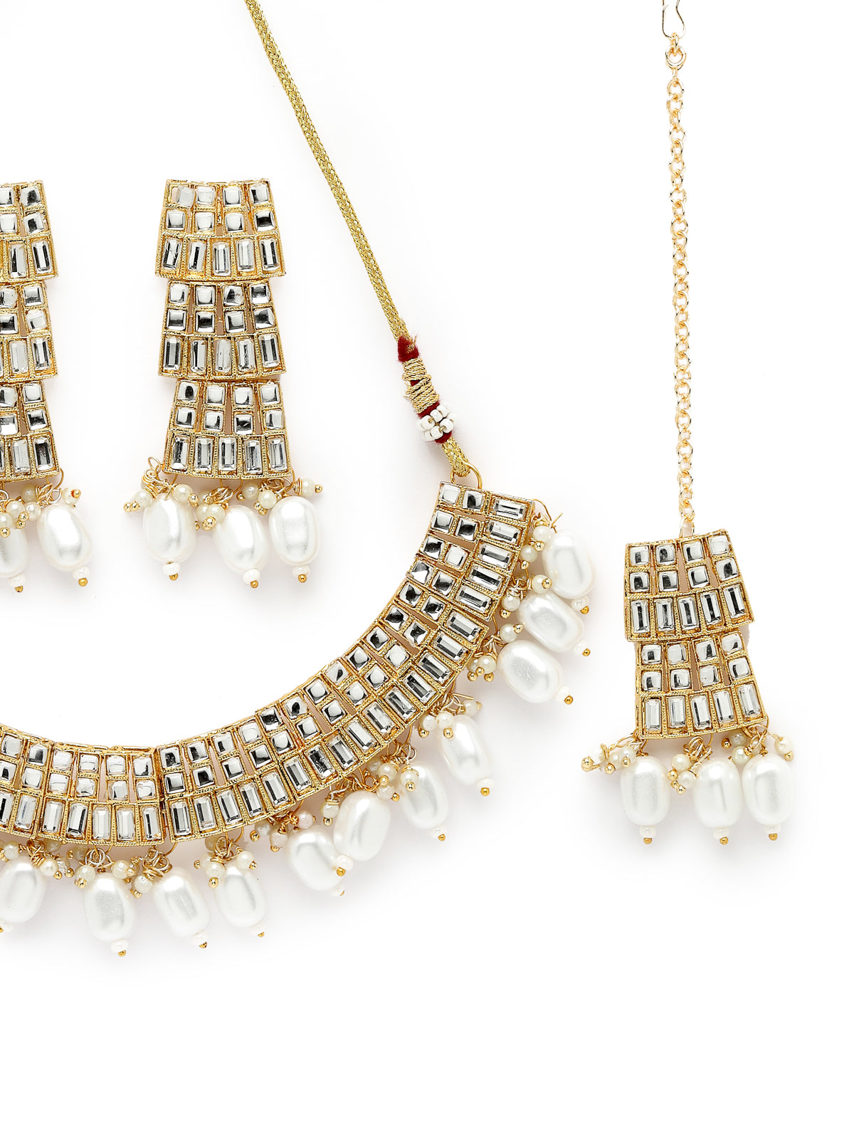 Sukkhi Beautiful Gold Plated AD White & Beads Collar Bone Necklace Set With Earring And Maangtika | Jewellery Set For Women (NS105561)