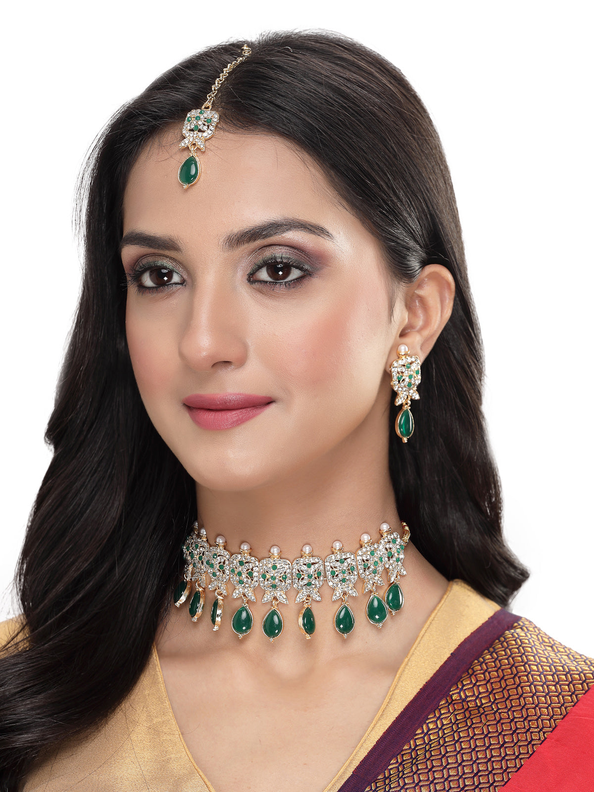 Sukkhi Antique Gold Plated Green AD Stones & Beads Choker Necklace Set With Earring And Maangtika | Jewellery Set For Women (NS105562)