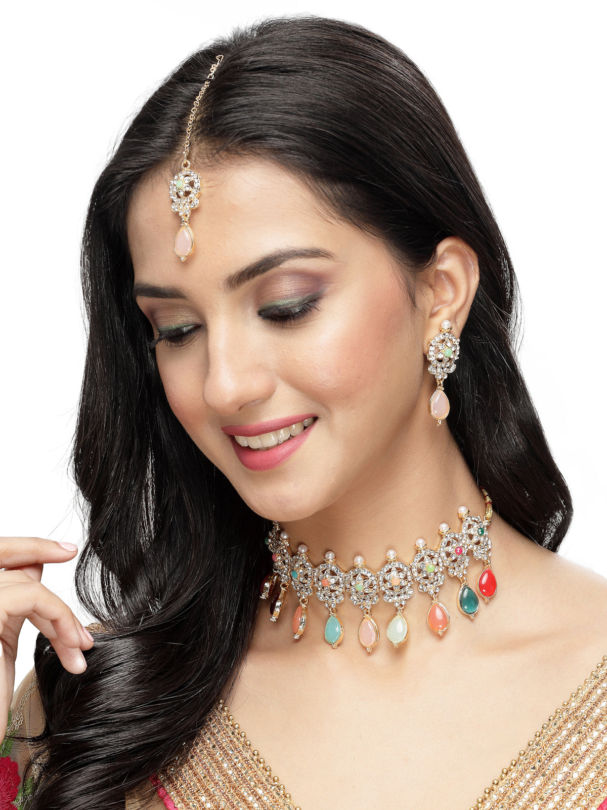 Sukkhi Terrific Gold Plated Multi AD Stones & Beads Choker Necklace Set With Earring And Maangtika | Jewellery Set For Women (NS105563)