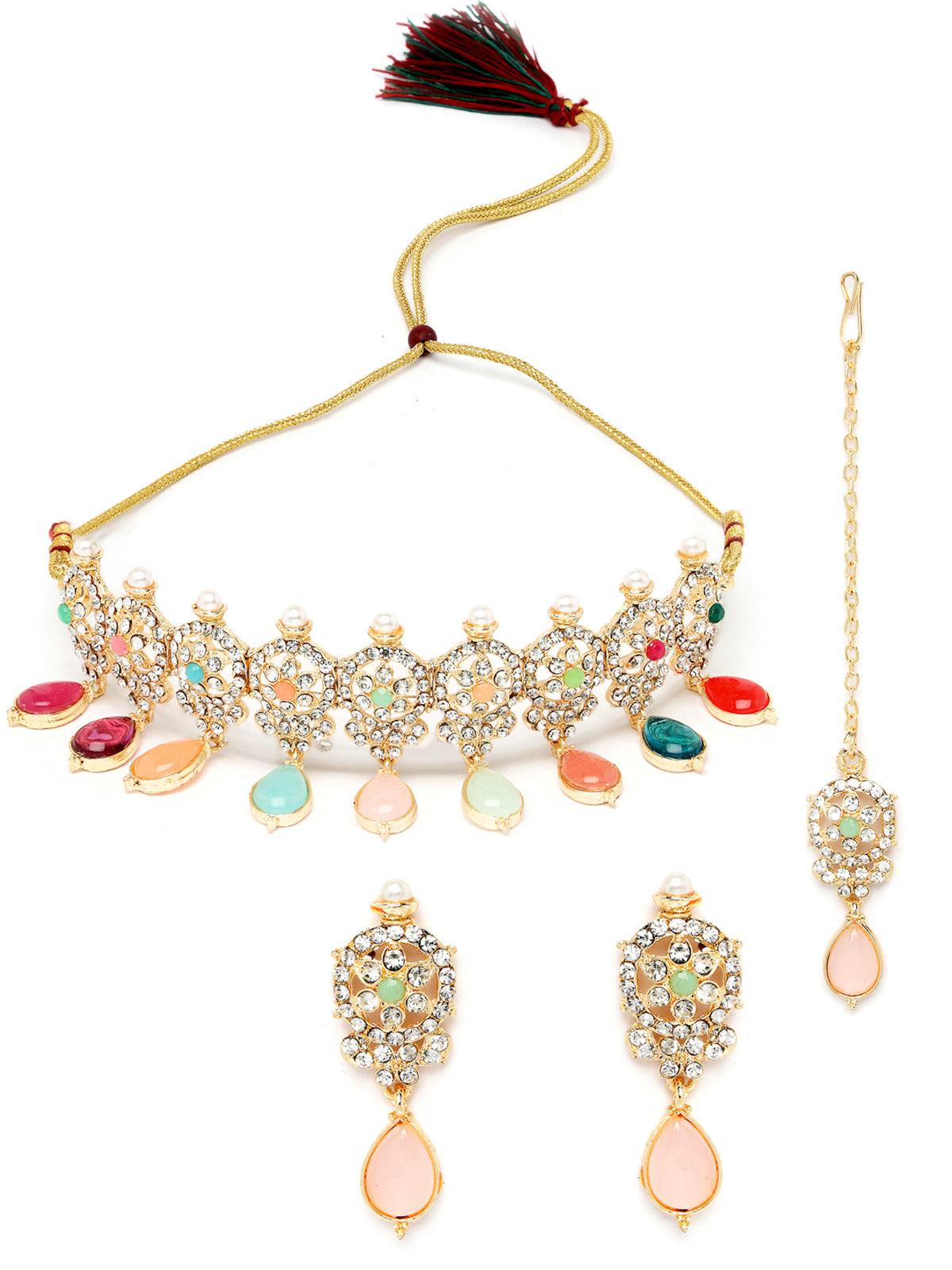 Sukkhi Terrific Gold Plated Multi AD Stones & Beads Choker Necklace Set With Earring And Maangtika | Jewellery Set For Women (NS105563)