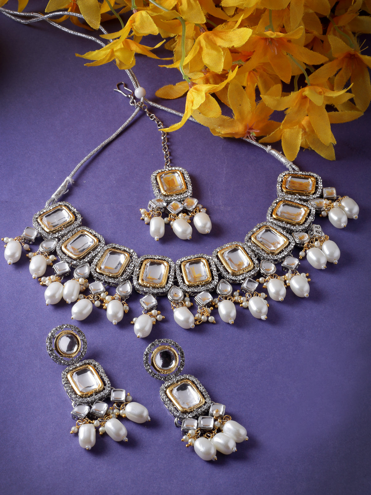 Sukkhi Desert-Inspired Rhodium Plated White AD Stones & Beads Choker Necklace Set With Earring And Maangtika | Jewellery Set For Women (NS105564)