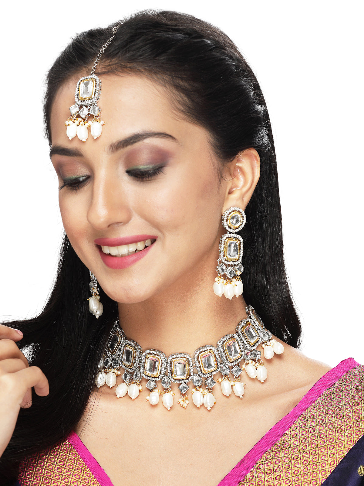 Sukkhi Desert-Inspired Rhodium Plated White AD Stones & Beads Choker Necklace Set With Earring And Maangtika | Jewellery Set For Women (NS105564)