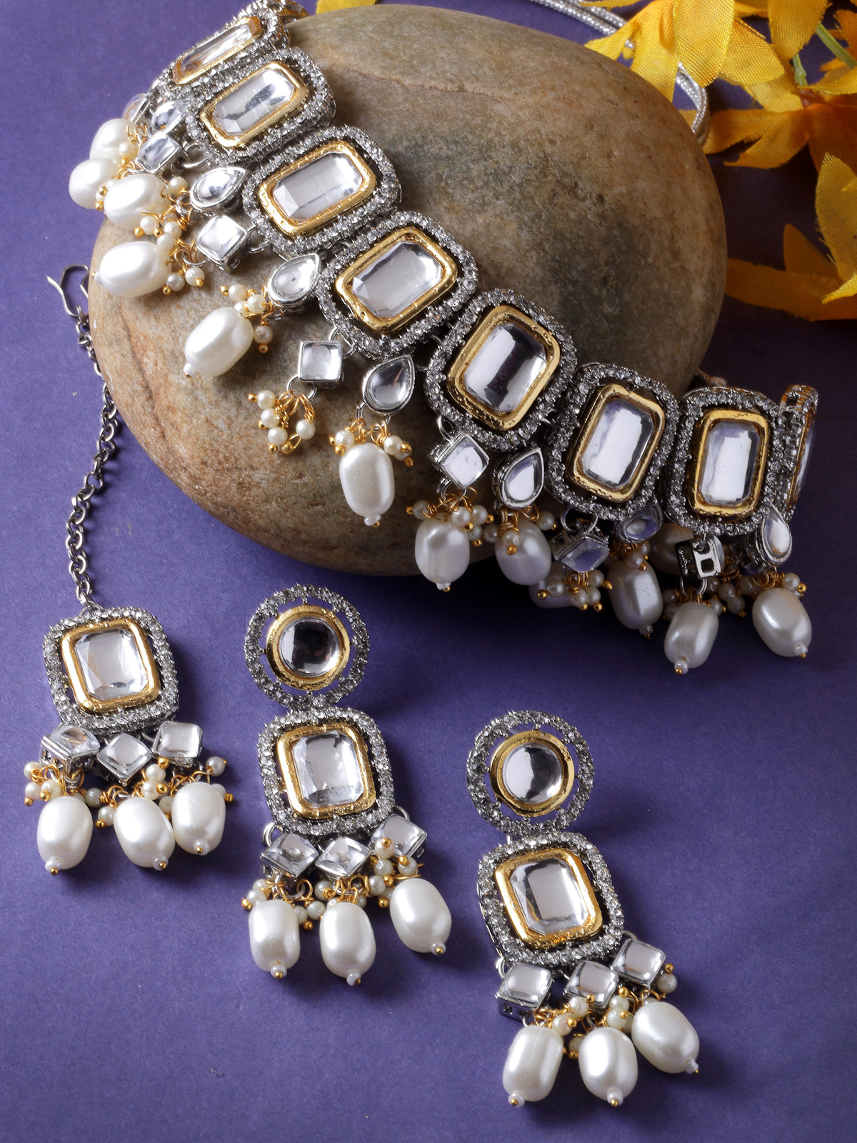 Sukkhi Desert-Inspired Rhodium Plated White AD Stones & Beads Choker Necklace Set With Earring And Maangtika | Jewellery Set For Women (NS105564)