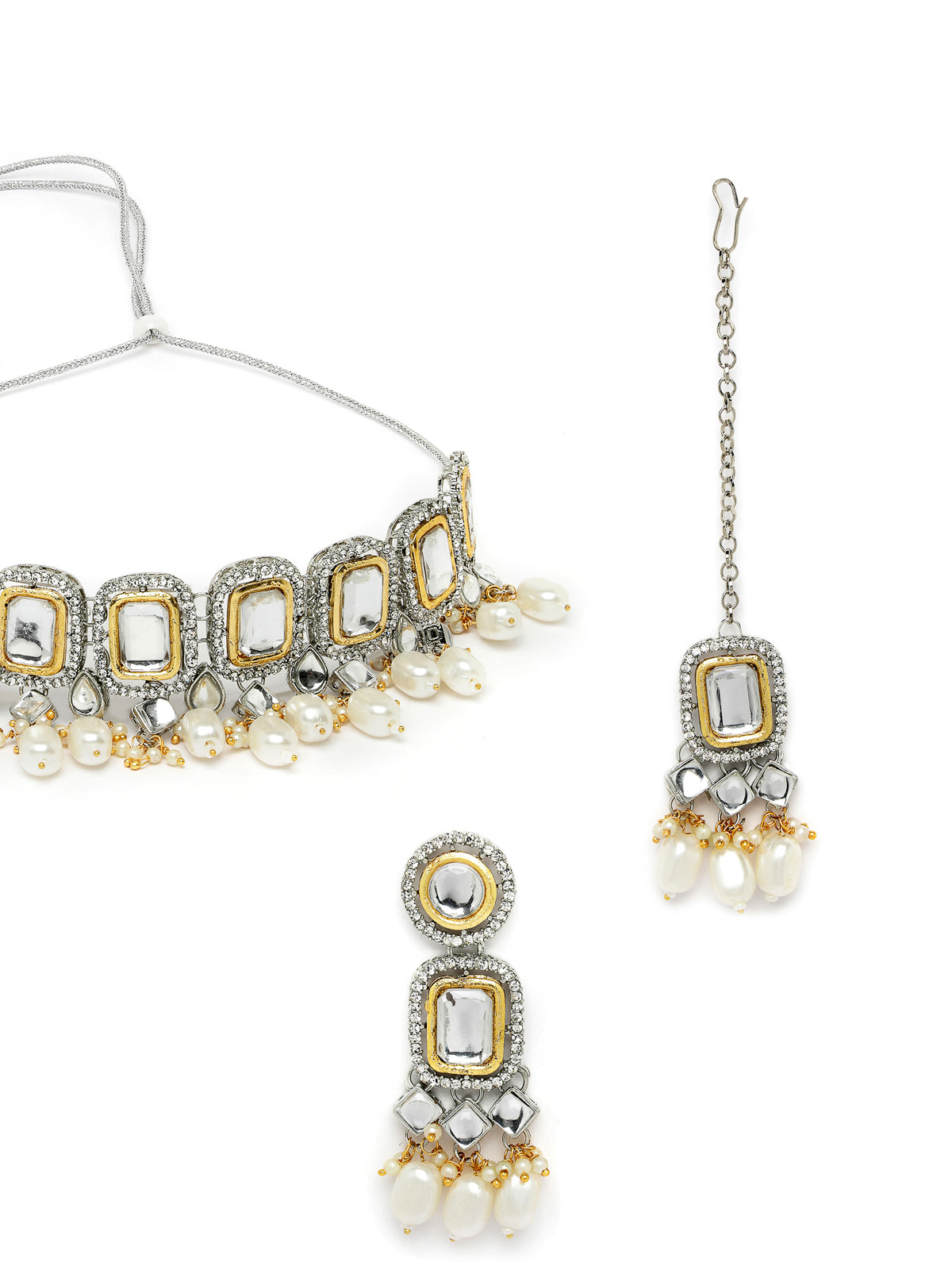Sukkhi Desert-Inspired Rhodium Plated White AD Stones & Beads Choker Necklace Set With Earring And Maangtika | Jewellery Set For Women (NS105564)