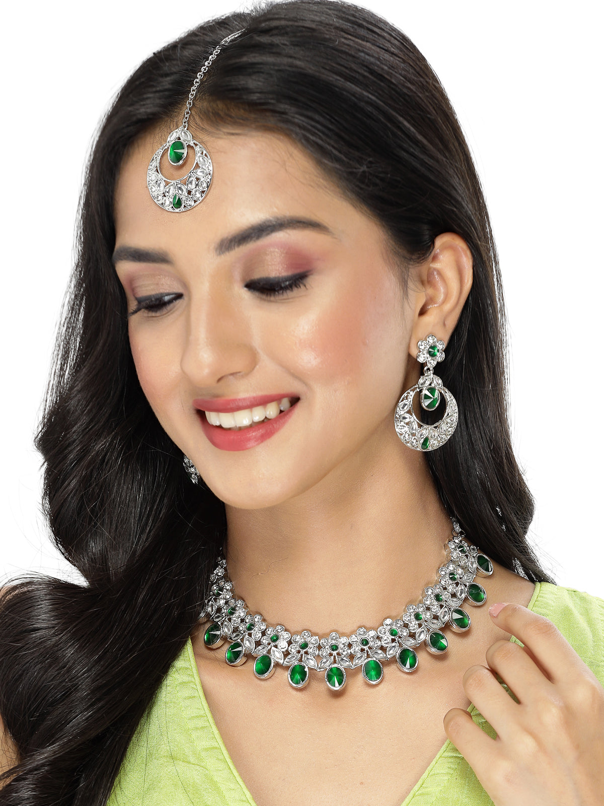 Sukkhi Dreamy Rhodium Plated Green AD White Stones & Beads Collar Bone Necklace Set With Earring And Maangtika | Jewellery Set For Women (NS105565)