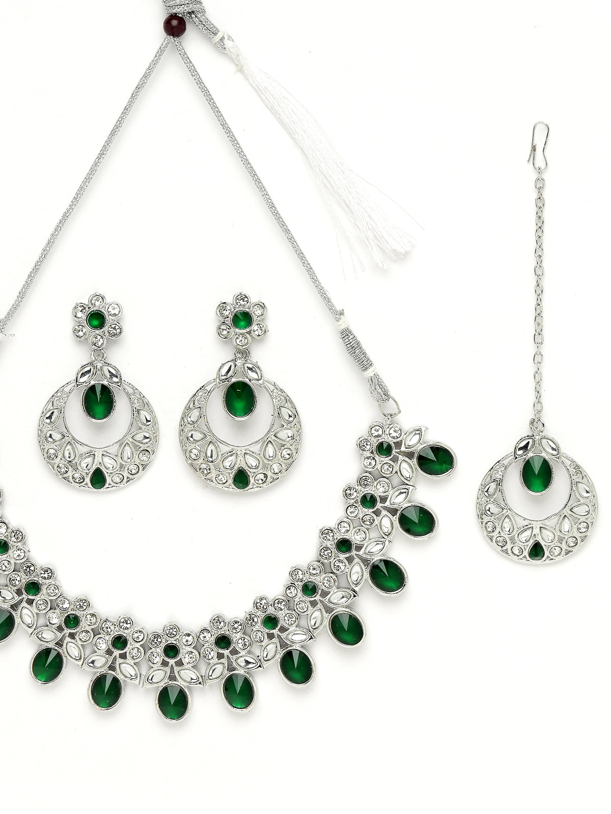 Sukkhi Dreamy Rhodium Plated Green AD White Stones & Beads Collar Bone Necklace Set With Earring And Maangtika | Jewellery Set For Women (NS105565)