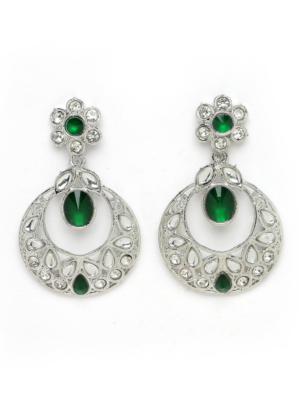 Sukkhi Dreamy Rhodium Plated Green AD White Stones & Beads Collar Bone Necklace Set With Earring And Maangtika | Jewellery Set For Women (NS105565)